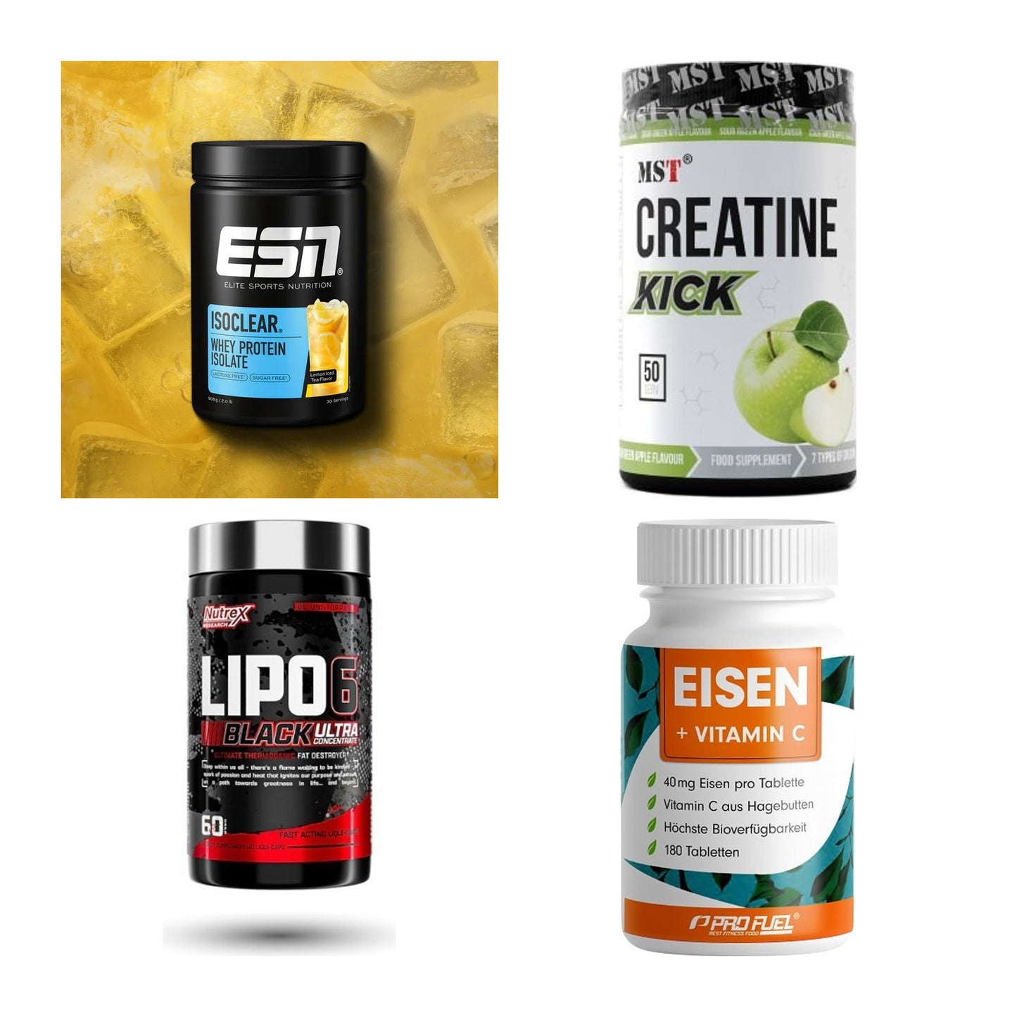 Wettkampfvorbereitung: ESN ISOCLEAR + MST Creatine + 2 weitere – alle enthaltenen Artikel