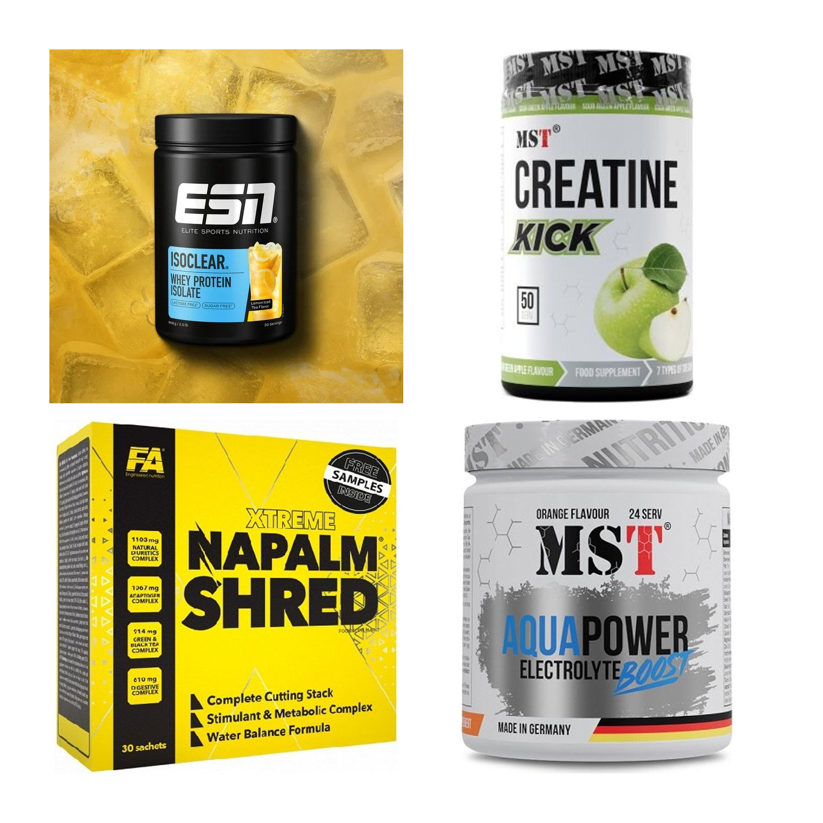 Wettkampfvorbereitung: ESN ISOCLEAR + MST Creatine + 2 weitere – alle enthaltenen Artikel
