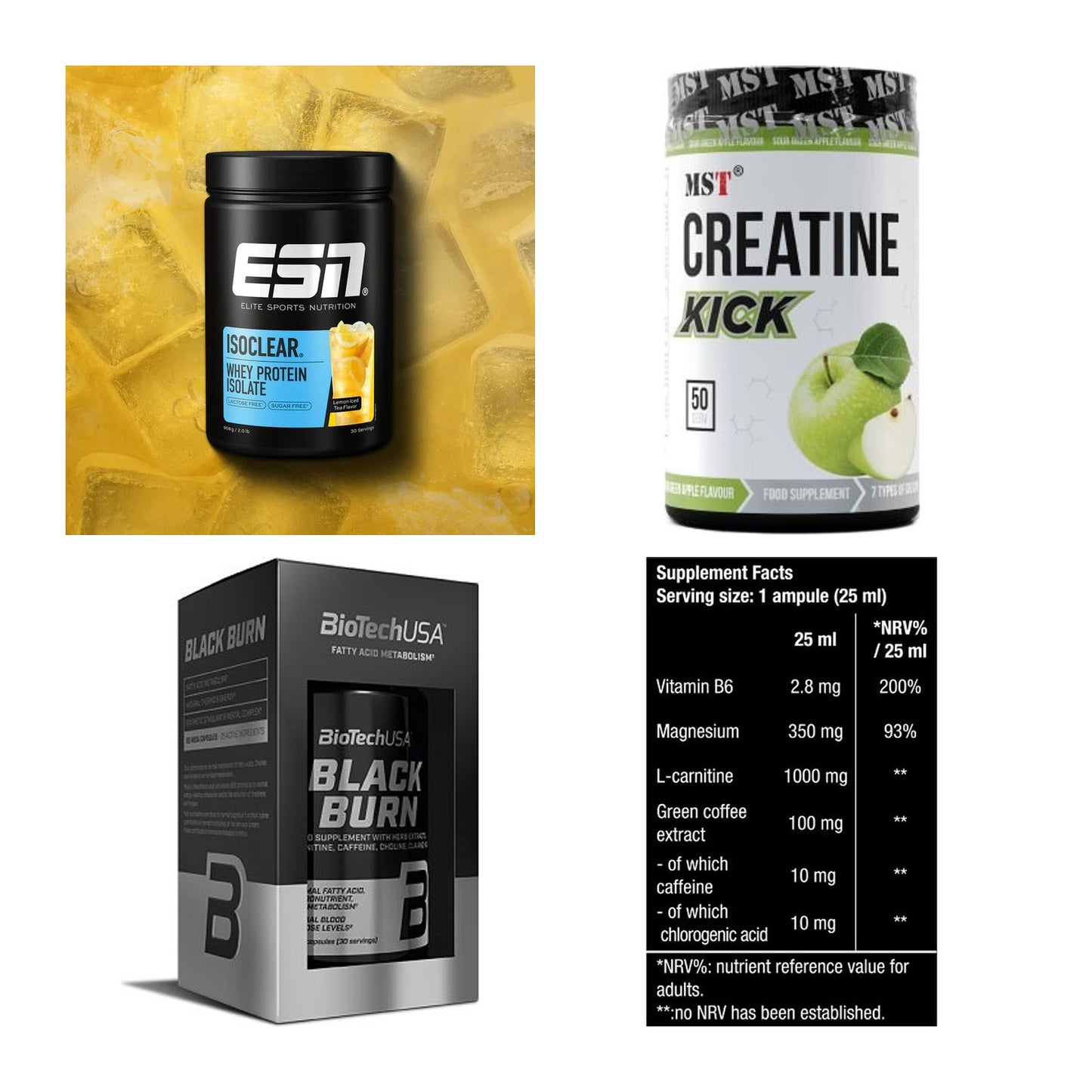 Wettkampfvorbereitung: ESN ISOCLEAR + MST Creatine + 2 weitere – alle enthaltenen Artikel