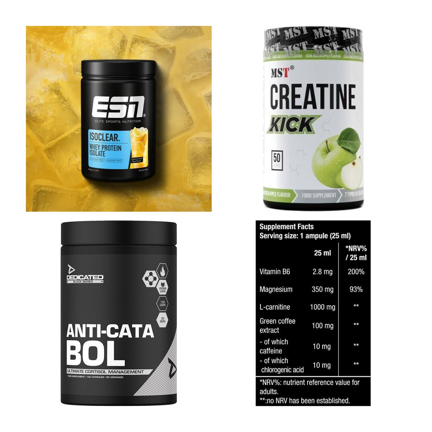 Wettkampfvorbereitung: ESN ISOCLEAR + MST Creatine + 2 weitere – alle enthaltenen Artikel