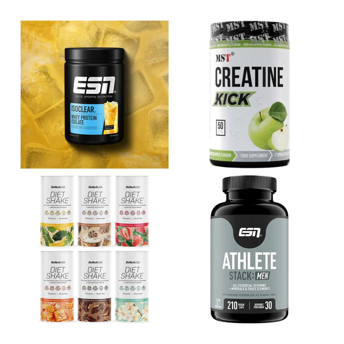 Wettkampfvorbereitung: ESN ISOCLEAR + MST Creatine + 2 weitere – alle enthaltenen Artikel