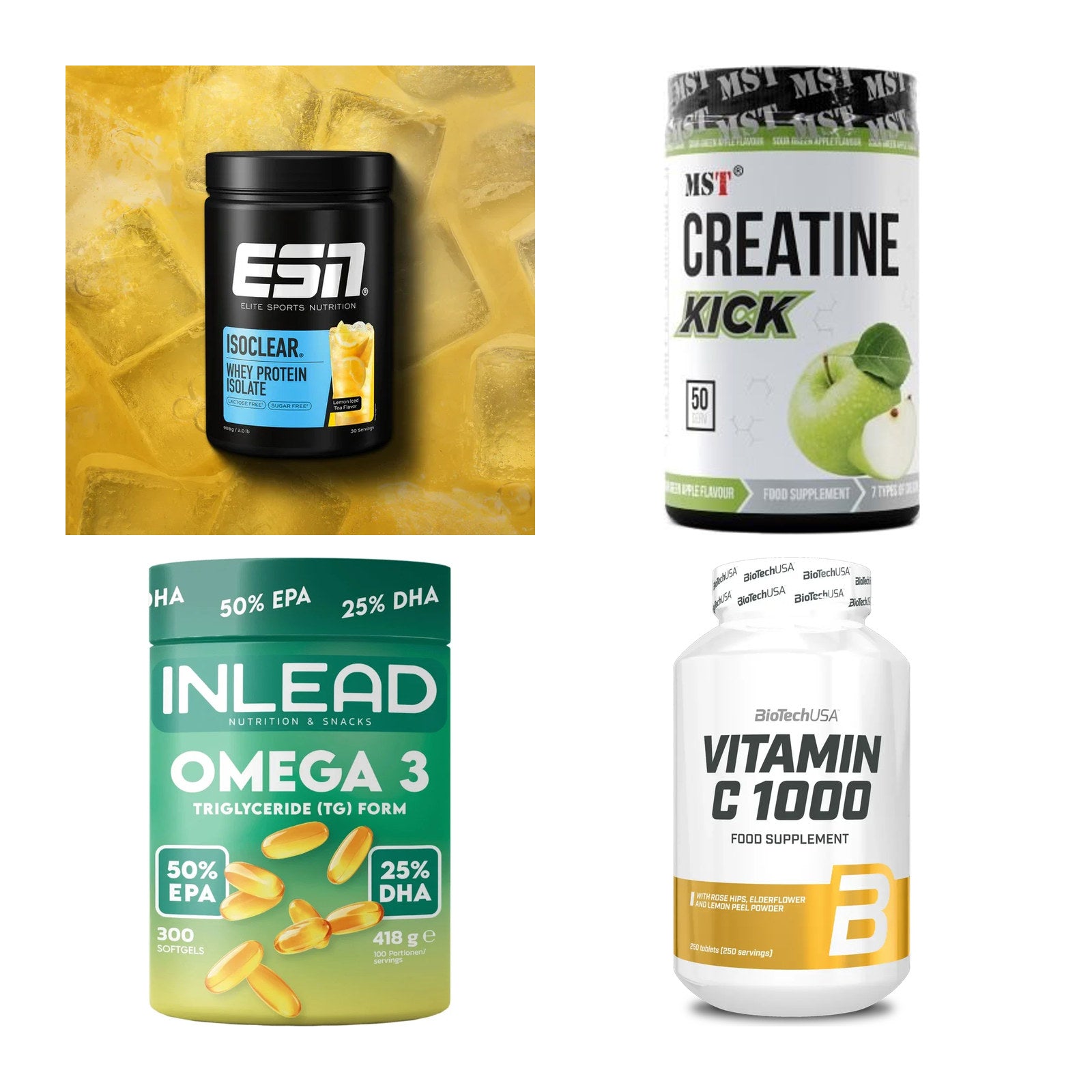 Wettkampfvorbereitung: ESN ISOCLEAR + MST Creatine + 2 weitere – alle enthaltenen Artikel