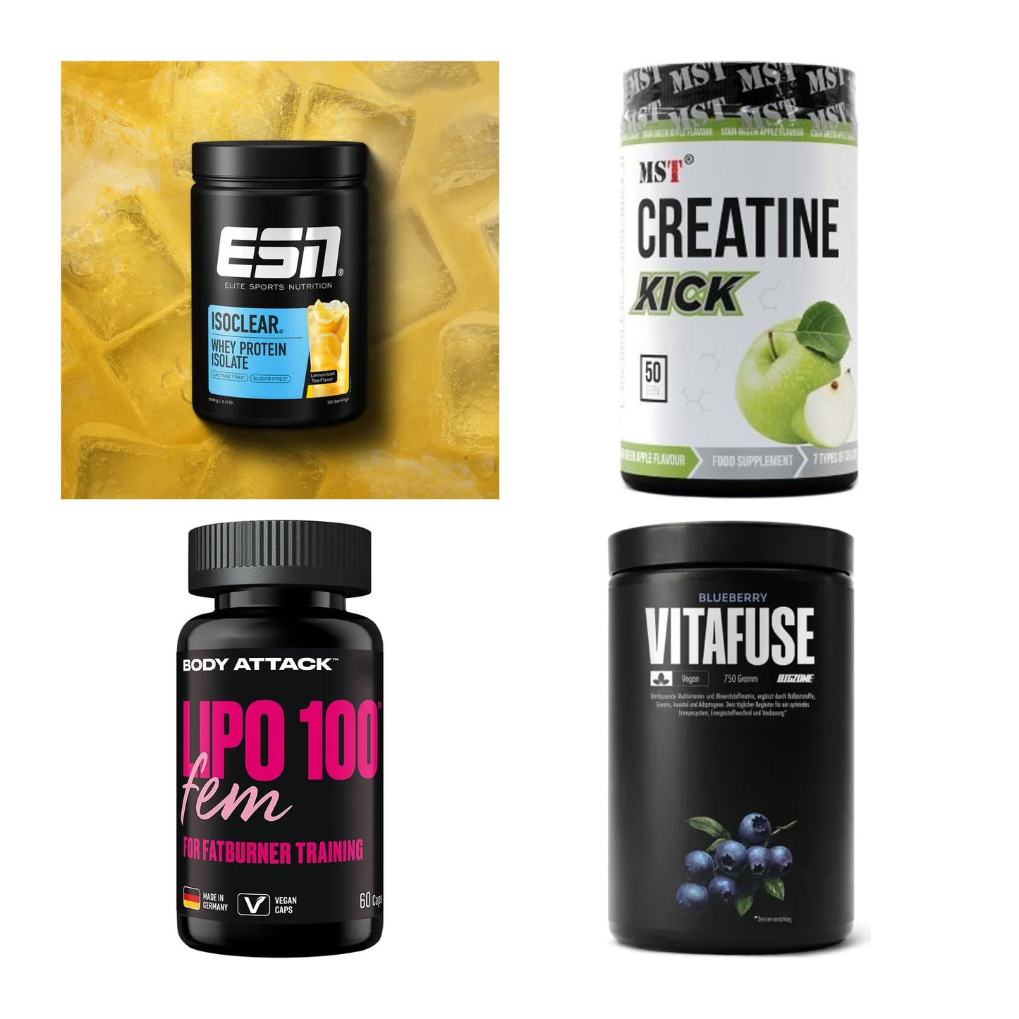 Wettkampfvorbereitung: ESN ISOCLEAR + MST Creatine + 2 weitere – alle enthaltenen Artikel