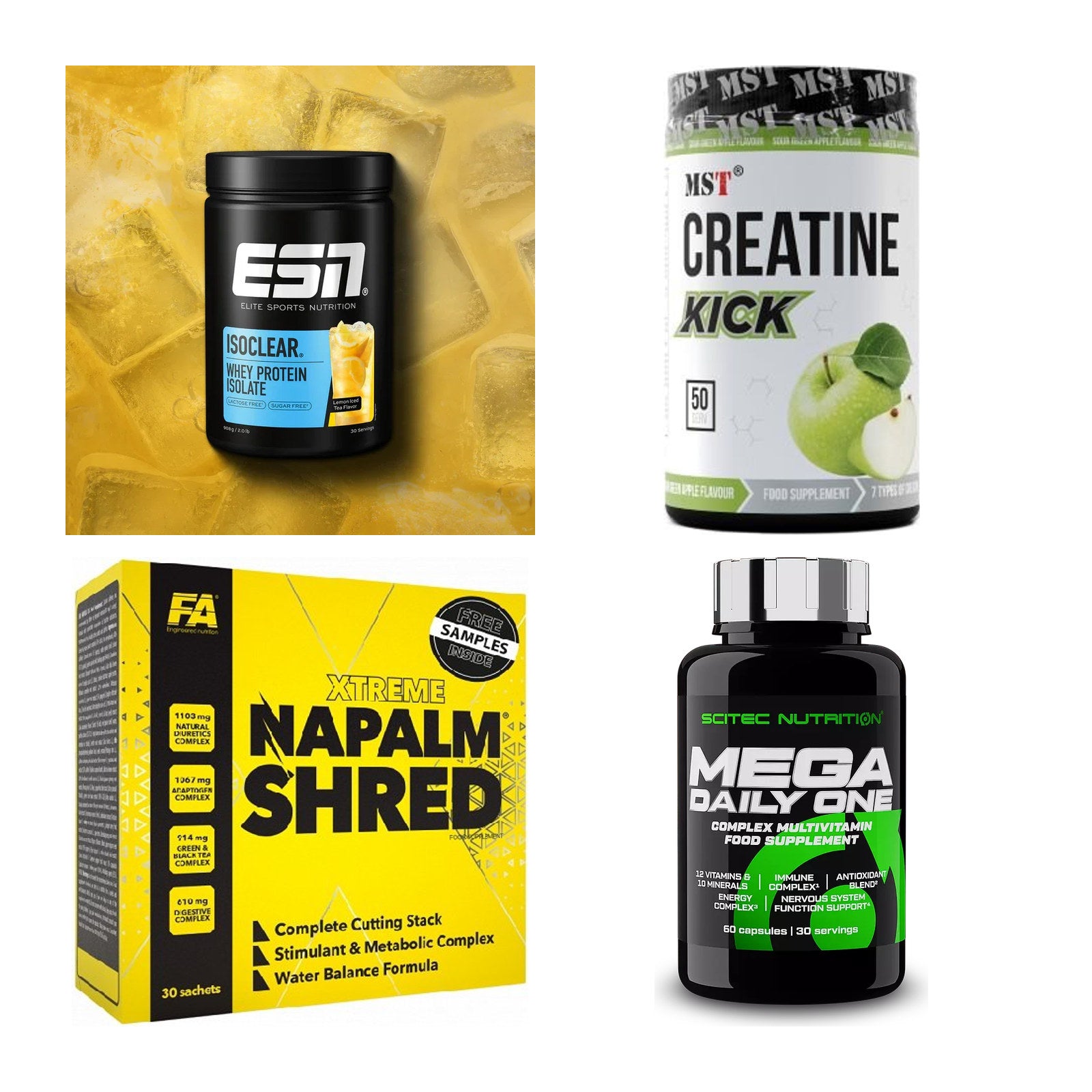 Wettkampfvorbereitung: ESN ISOCLEAR + MST Creatine + 2 weitere – alle enthaltenen Artikel