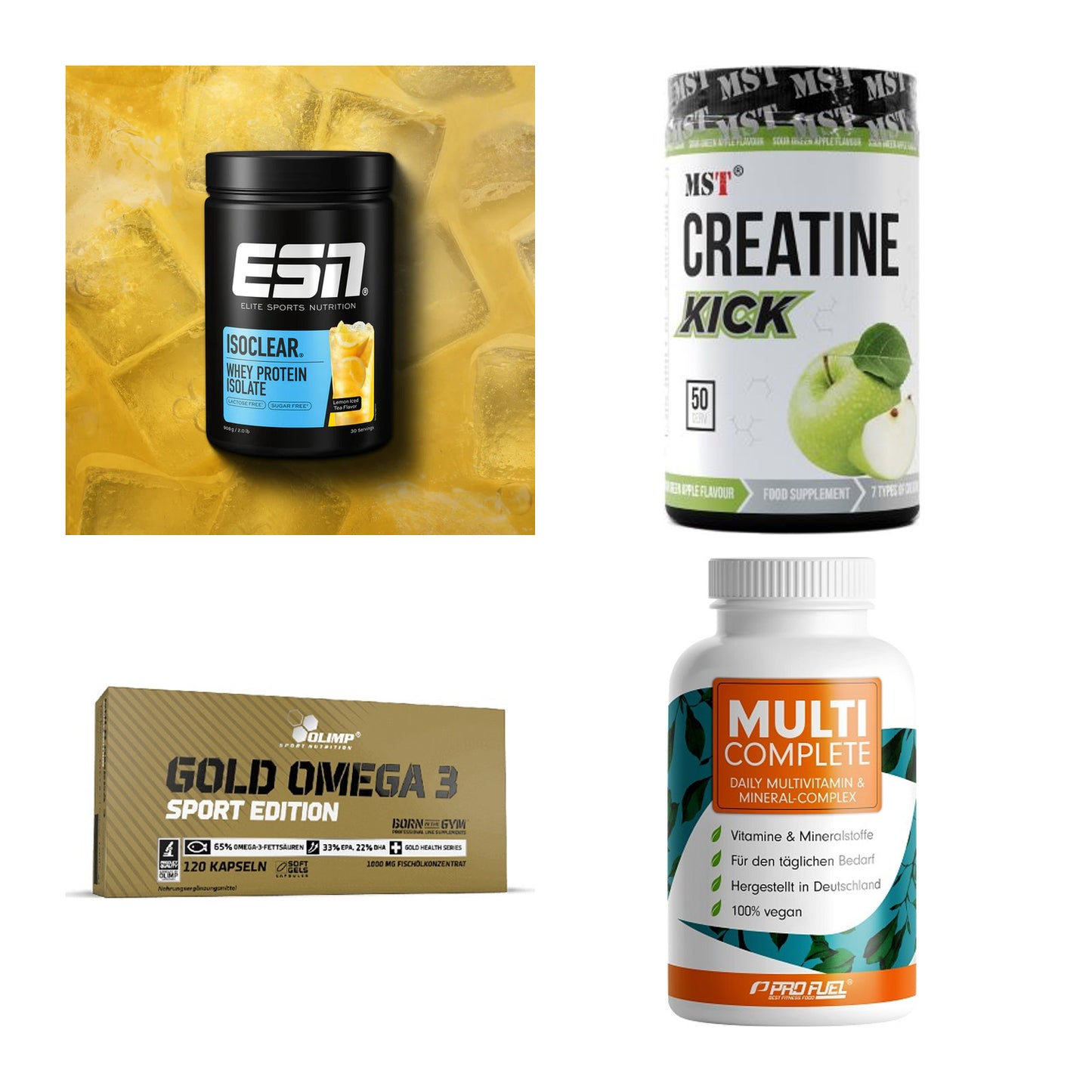 Wettkampfvorbereitung: ESN ISOCLEAR + MST Creatine + 2 weitere – alle enthaltenen Artikel