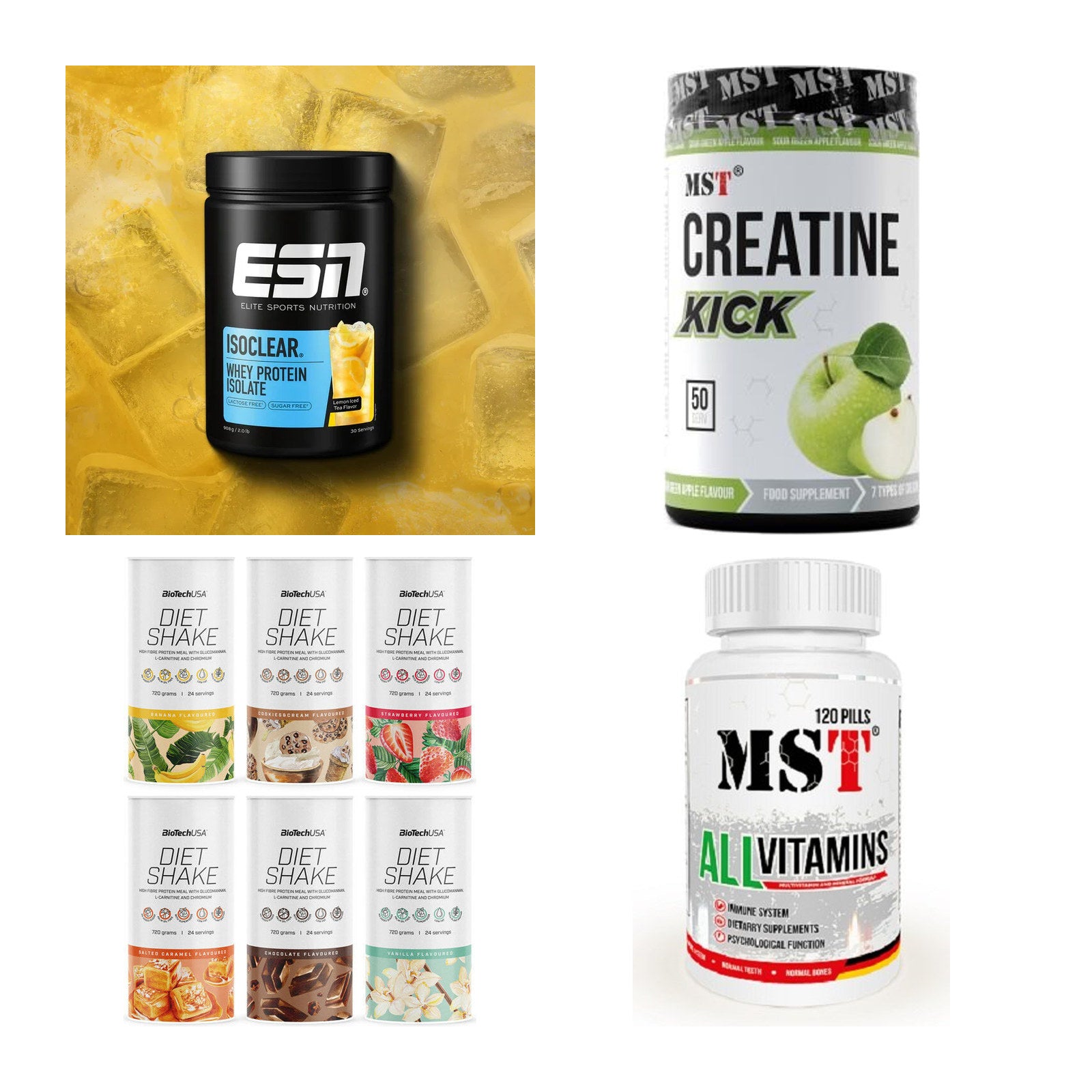 Wettkampfvorbereitung: ESN ISOCLEAR + MST Creatine + 2 weitere – alle enthaltenen Artikel