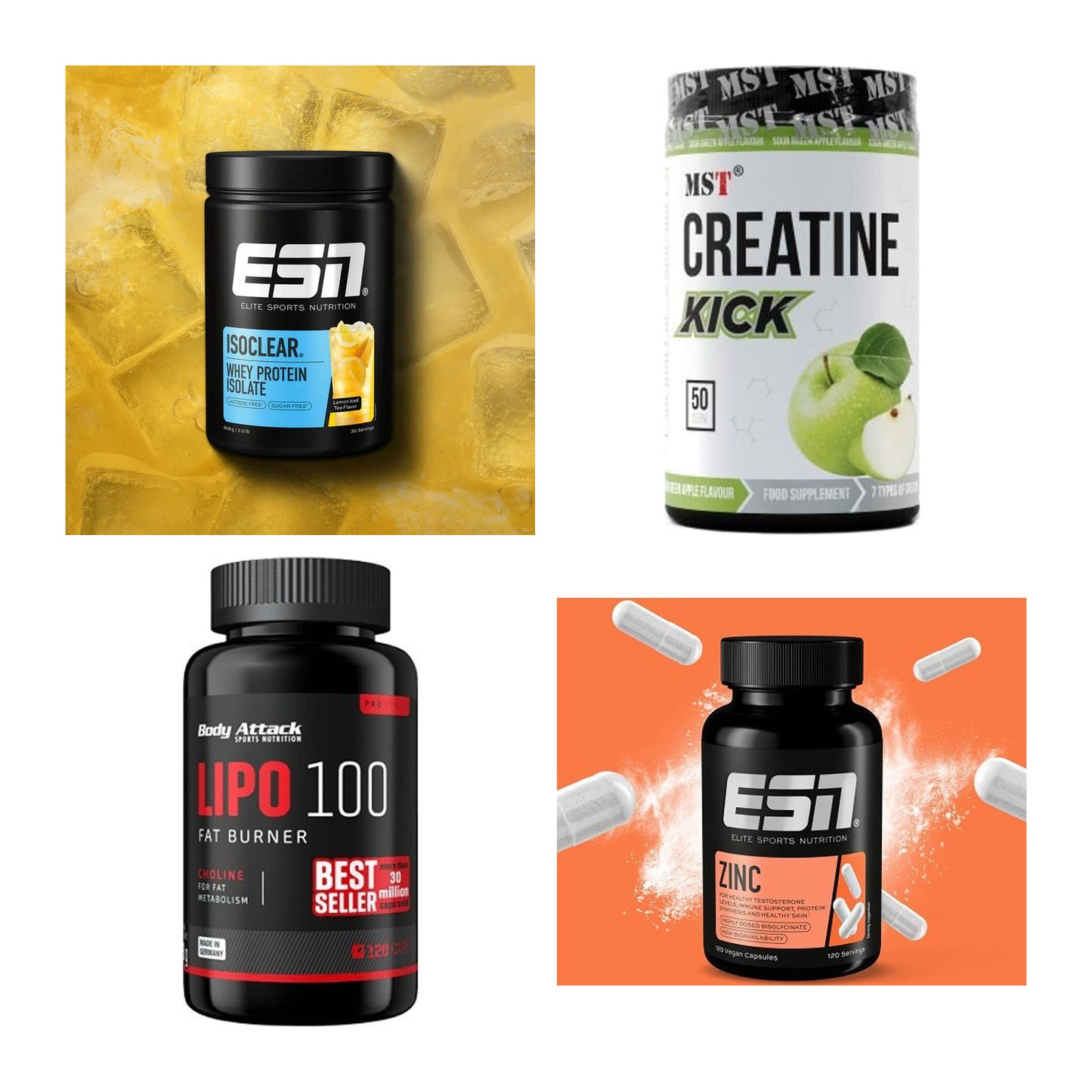 Wettkampfvorbereitung: ESN ISOCLEAR + MST Creatine + 2 weitere – alle enthaltenen Artikel