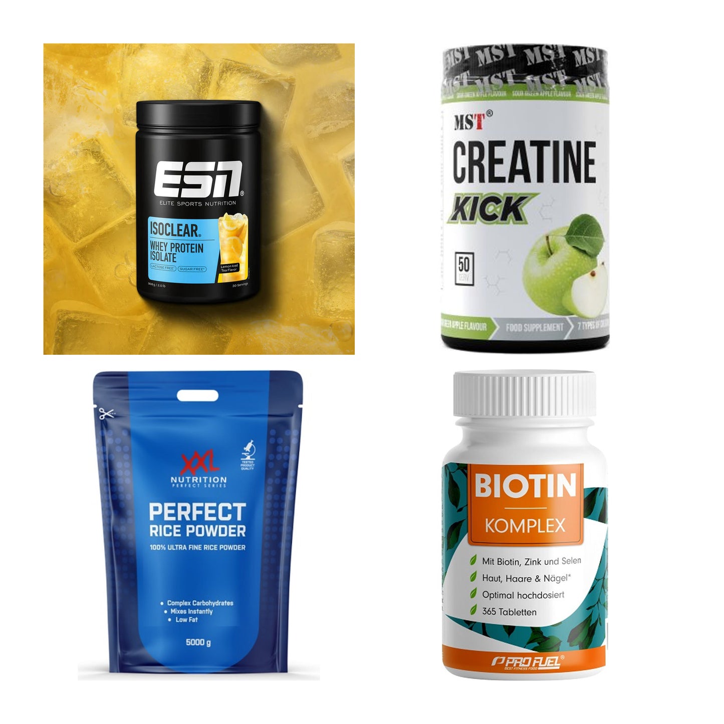 Wettkampfvorbereitung: ESN ISOCLEAR + MST Creatine + 2 weitere – alle enthaltenen Artikel