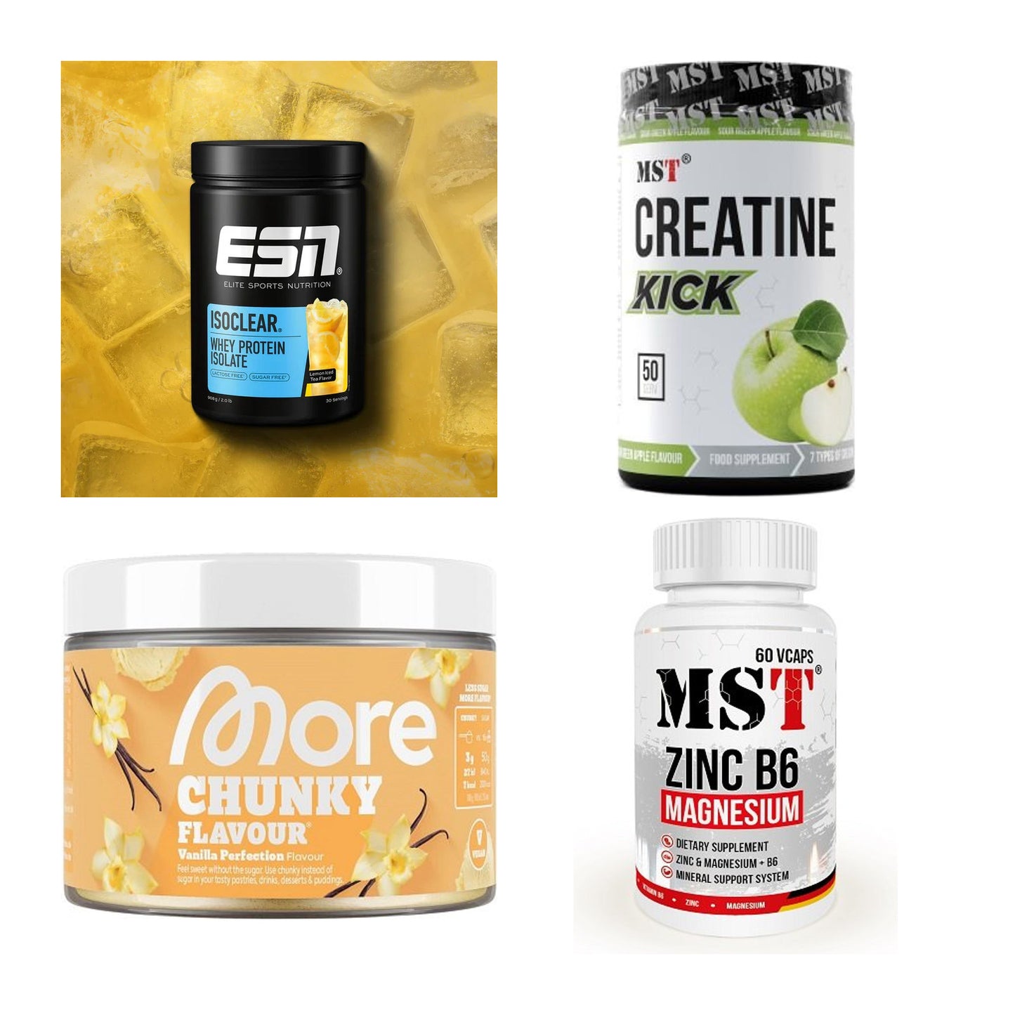 Wettkampfvorbereitung: ESN ISOCLEAR + MST Creatine + 2 weitere – alle enthaltenen Artikel