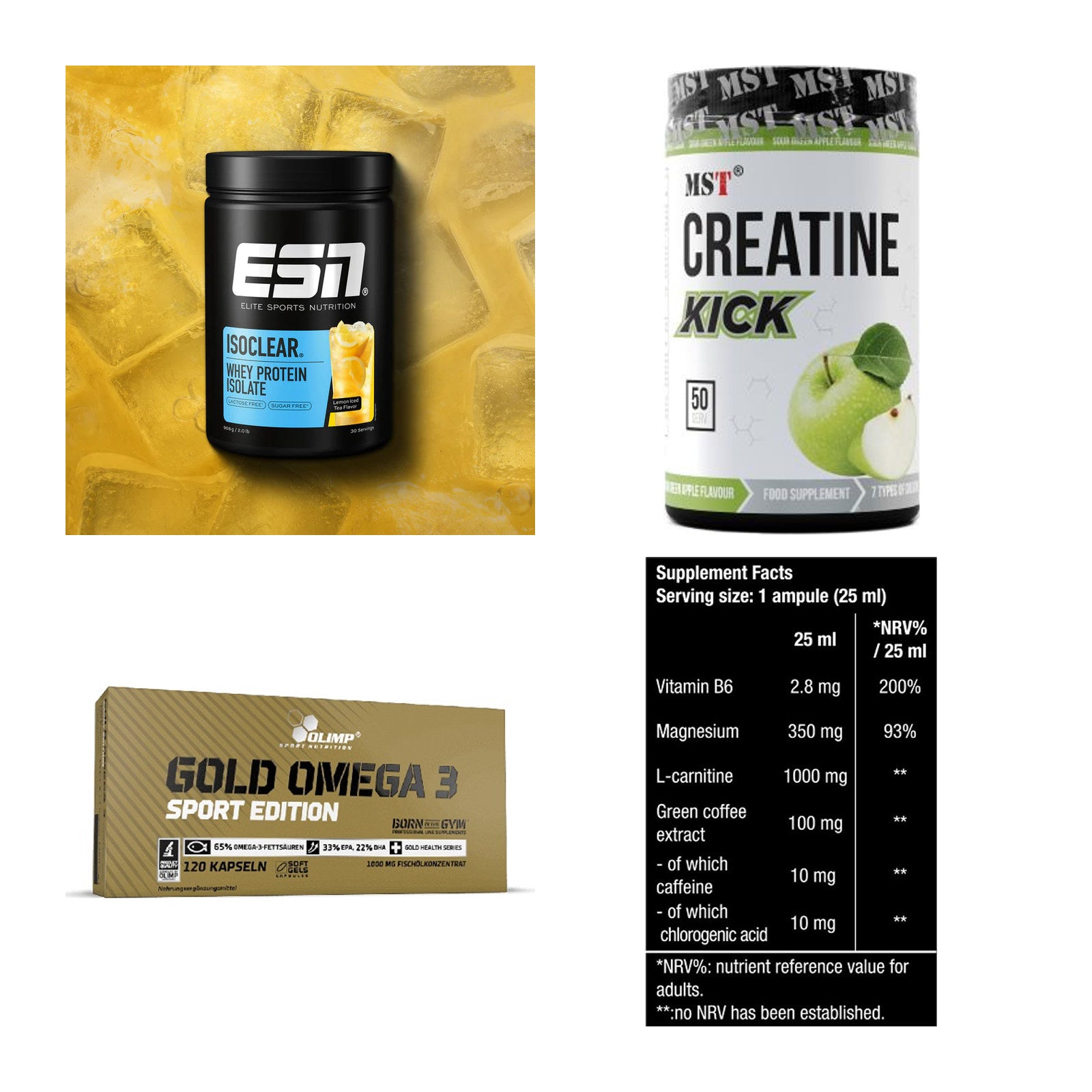 Wettkampfvorbereitung: ESN ISOCLEAR + MST Creatine + 2 weitere – alle enthaltenen Artikel