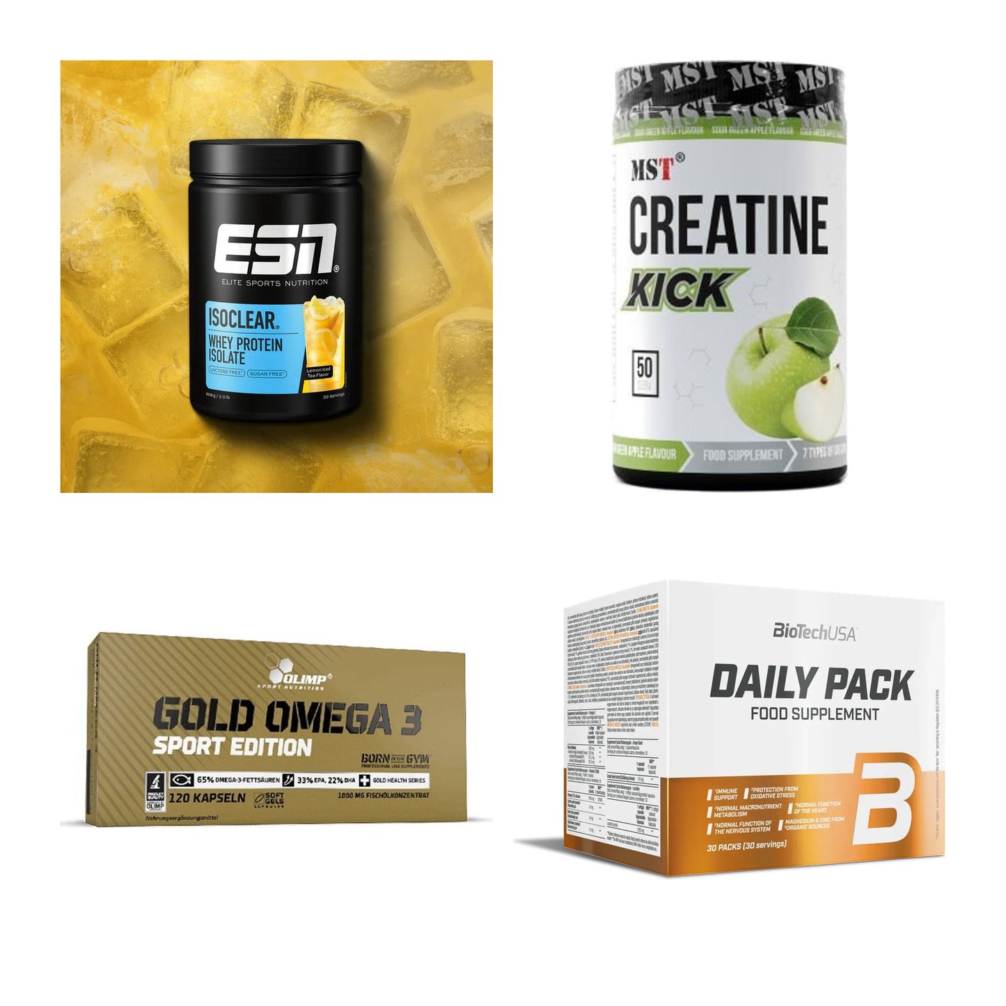Wettkampfvorbereitung: ESN ISOCLEAR + MST Creatine + 2 weitere – alle enthaltenen Artikel