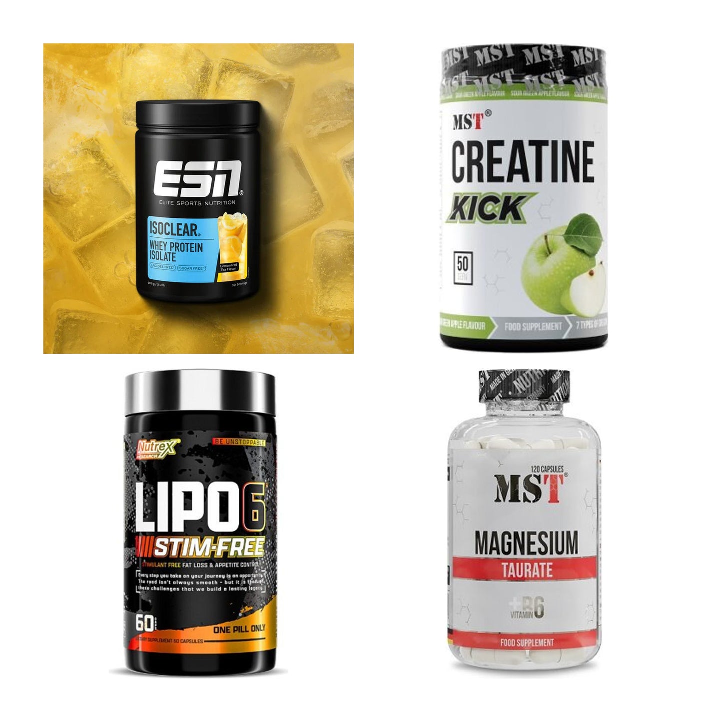 Wettkampfvorbereitung: ESN ISOCLEAR + MST Creatine + 2 weitere – alle enthaltenen Artikel