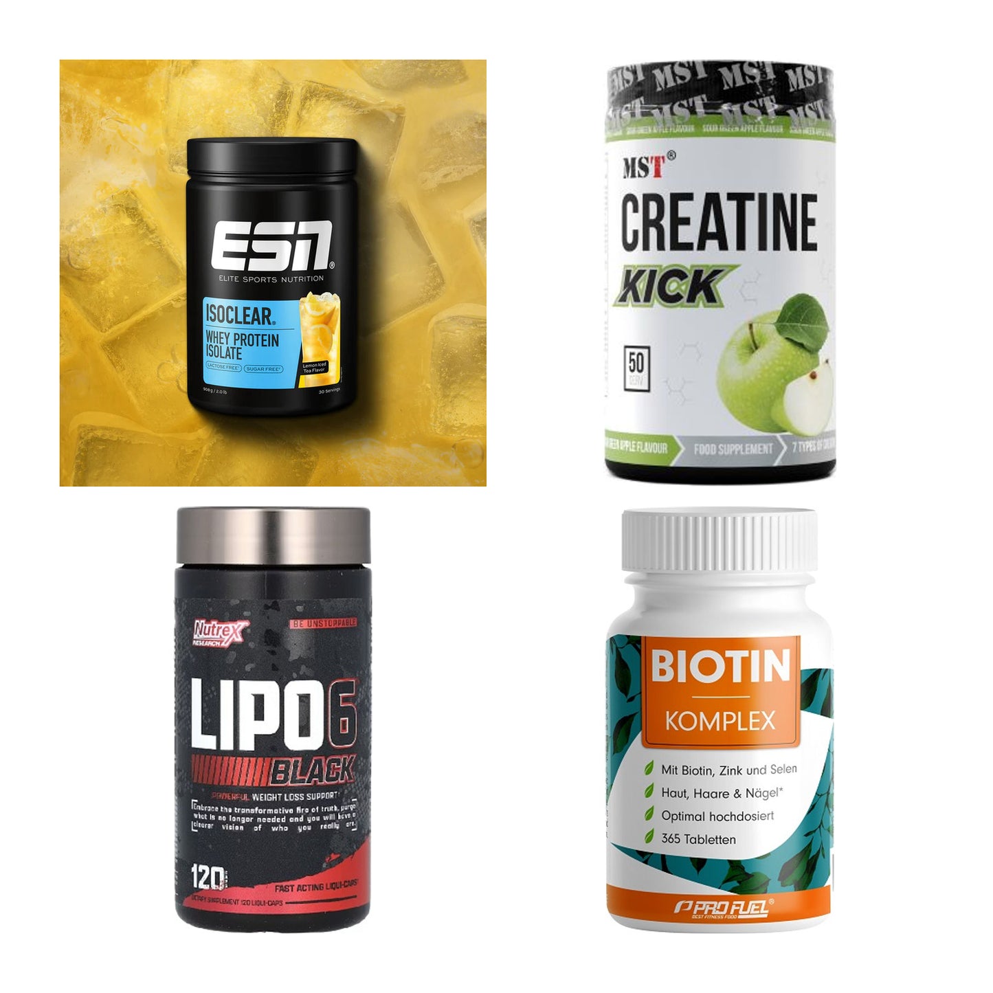 Wettkampfvorbereitung: ESN ISOCLEAR + MST Creatine + 2 weitere – alle enthaltenen Artikel
