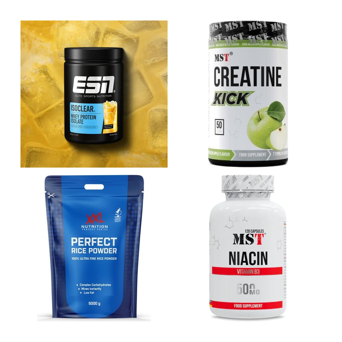 Wettkampfvorbereitung: ESN ISOCLEAR + MST Creatine + 2 weitere – alle enthaltenen Artikel