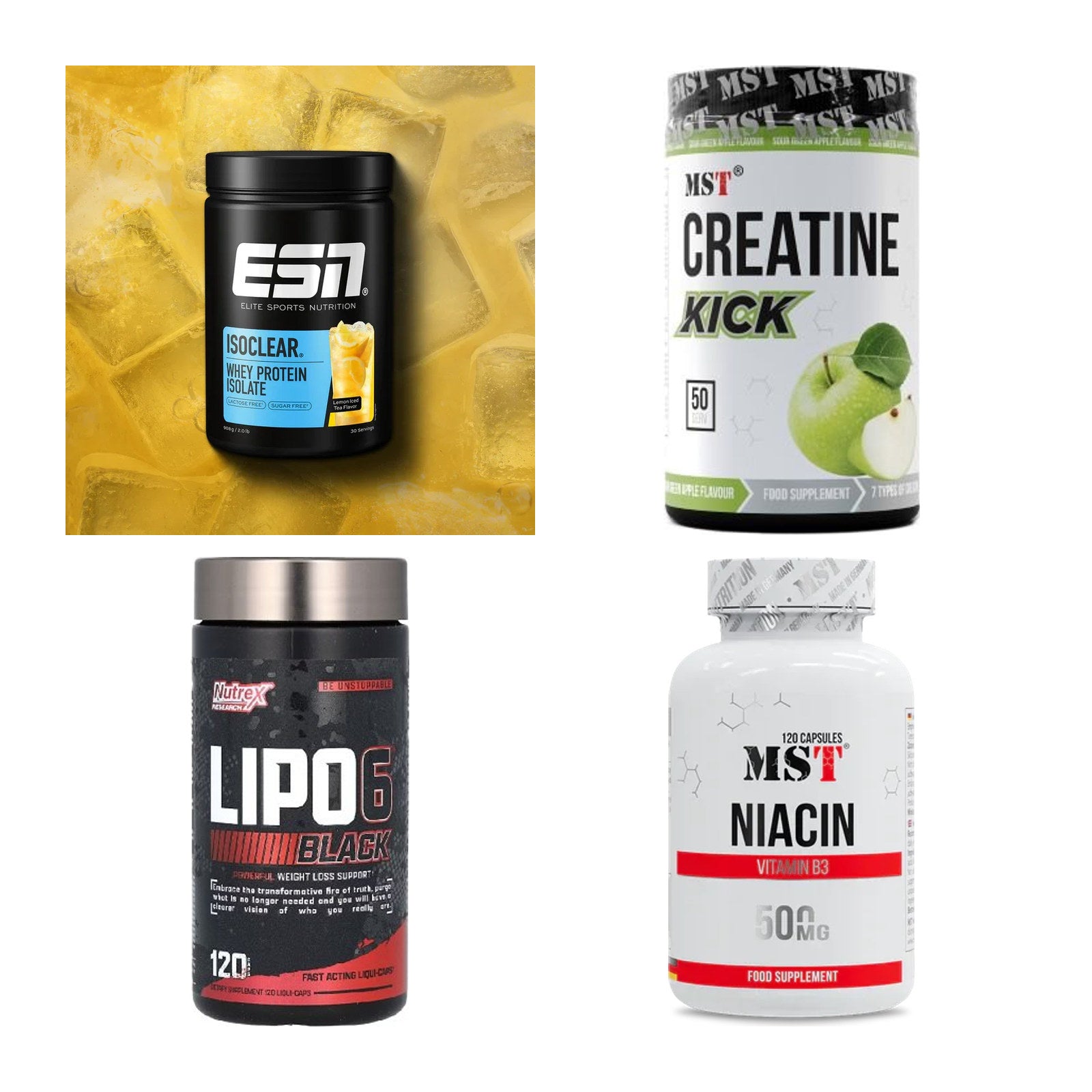 Wettkampfvorbereitung: ESN ISOCLEAR + MST Creatine + 2 weitere – alle enthaltenen Artikel