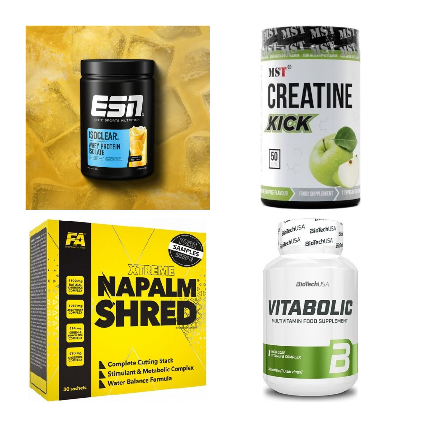 Wettkampfvorbereitung: ESN ISOCLEAR + MST Creatine + 2 weitere – alle enthaltenen Artikel