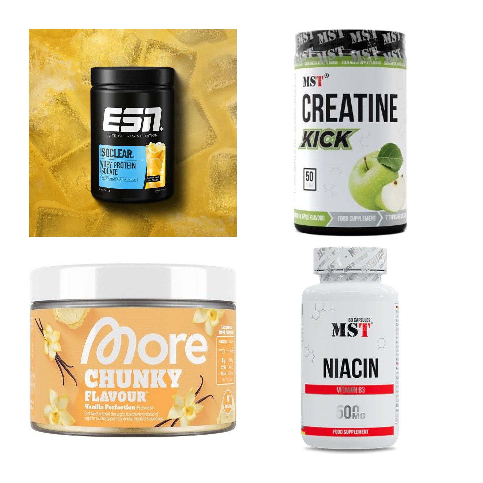 Wettkampfvorbereitung: ESN ISOCLEAR + MST Creatine + 2 weitere – alle enthaltenen Artikel