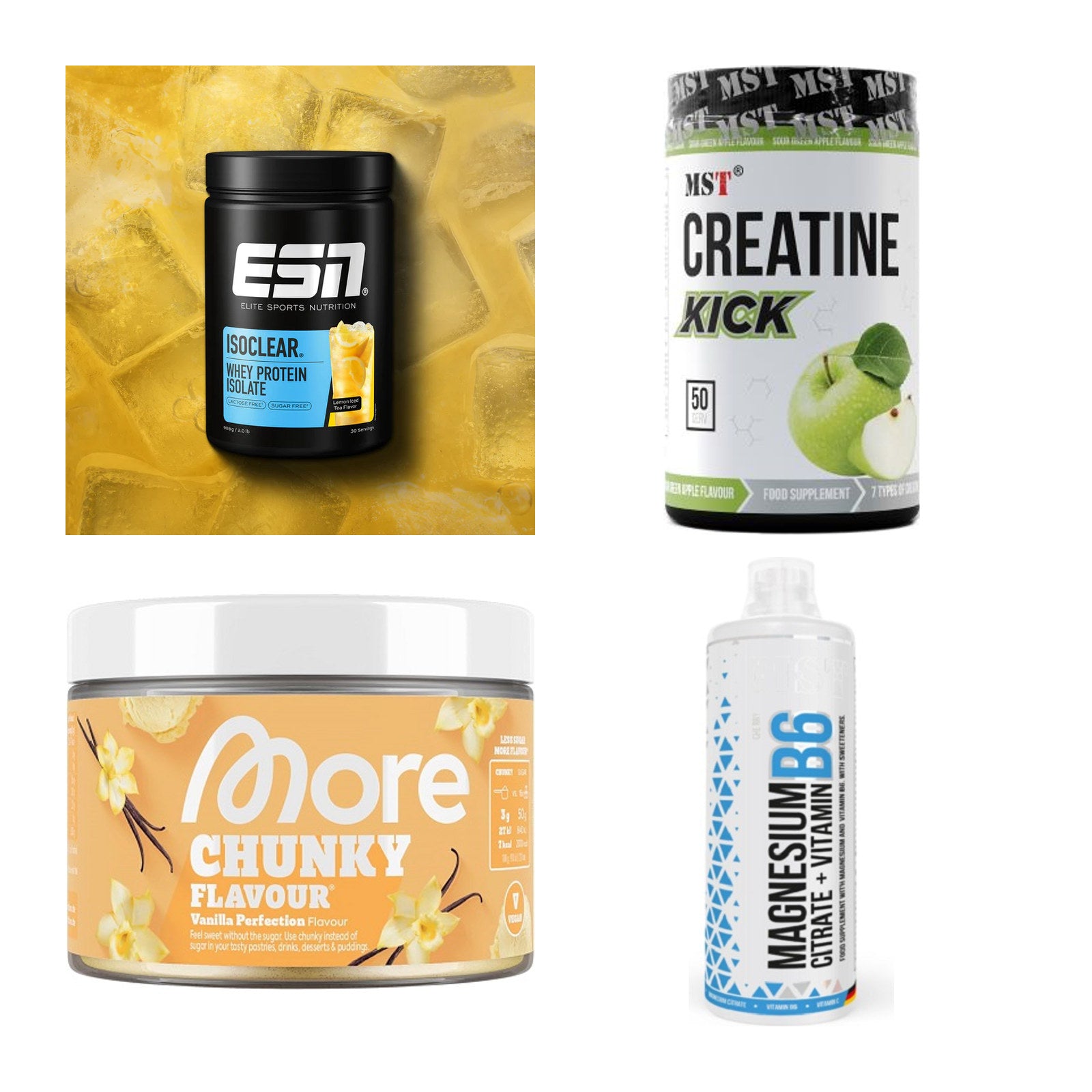 Wettkampfvorbereitung: ESN ISOCLEAR + MST Creatine + 2 weitere – alle enthaltenen Artikel