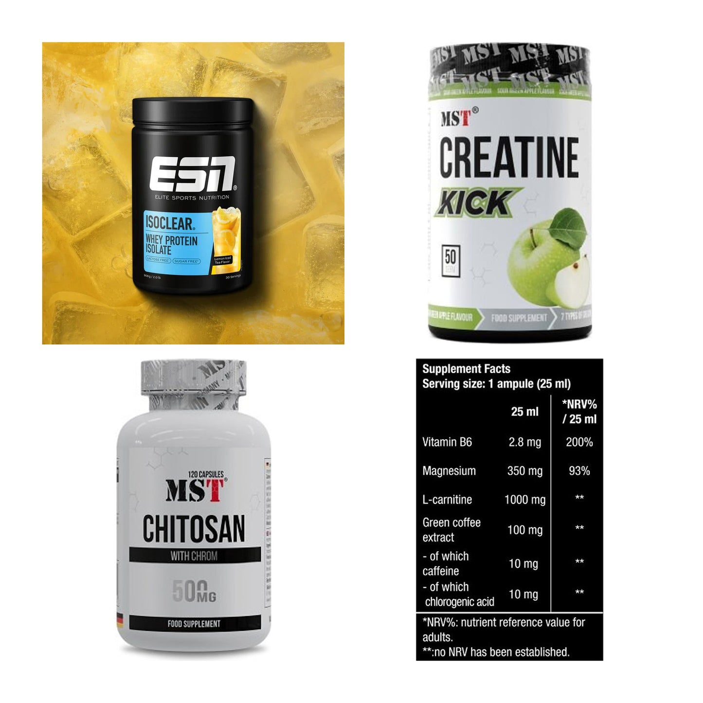 Wettkampfvorbereitung: ESN ISOCLEAR + MST Creatine + 2 weitere – alle enthaltenen Artikel