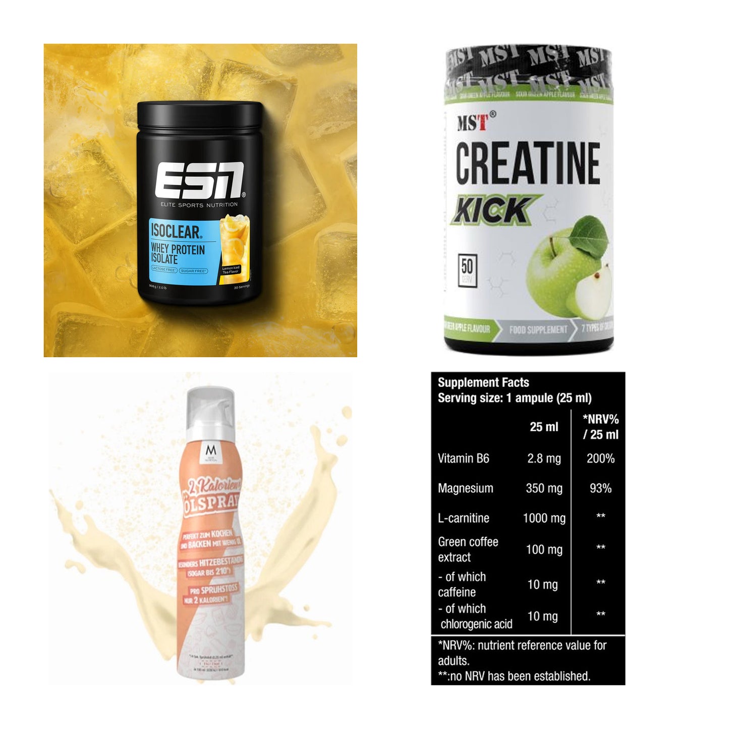 Wettkampfvorbereitung: ESN ISOCLEAR + MST Creatine + 2 weitere – alle enthaltenen Artikel