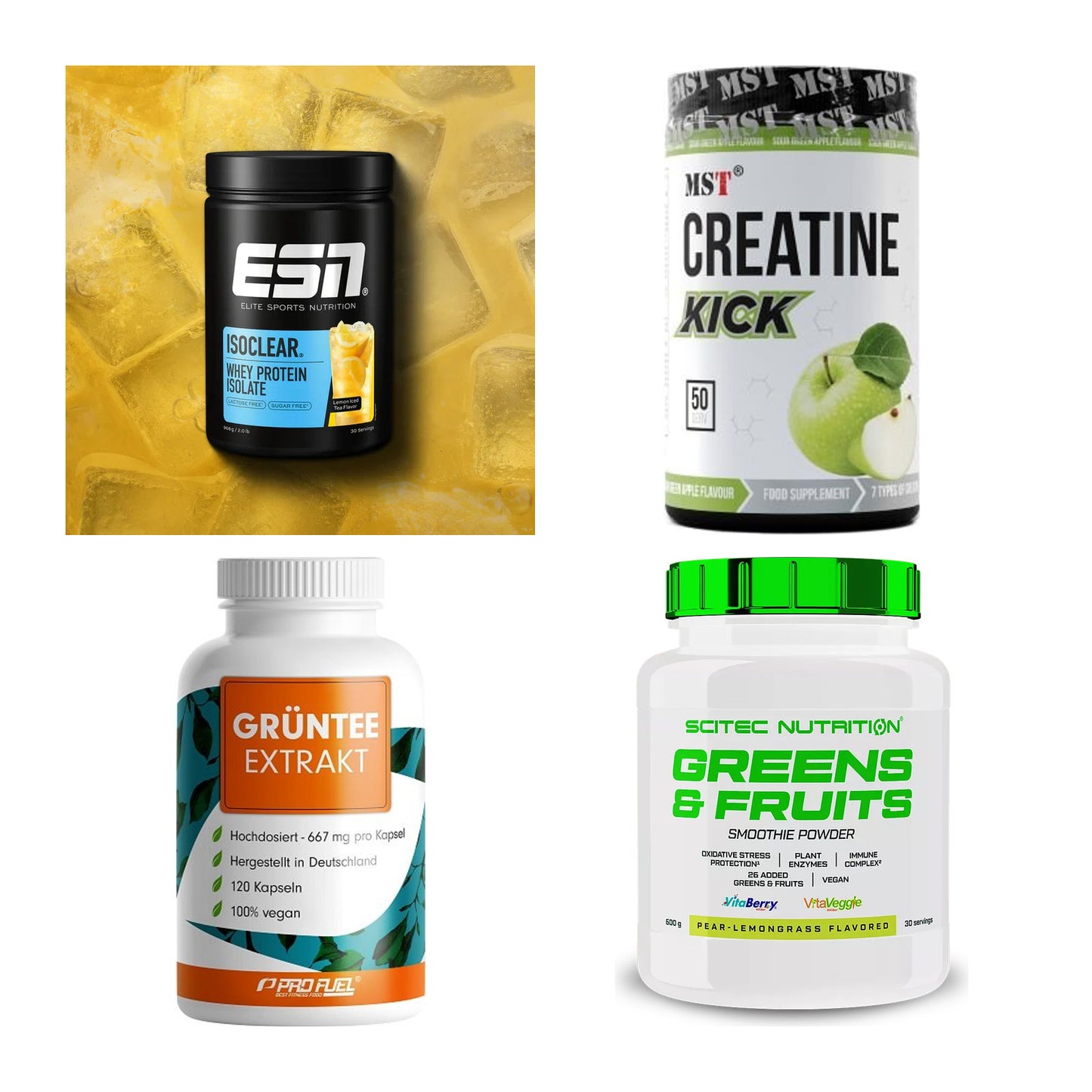 Wettkampfvorbereitung: ESN ISOCLEAR + MST Creatine + 2 weitere – alle enthaltenen Artikel