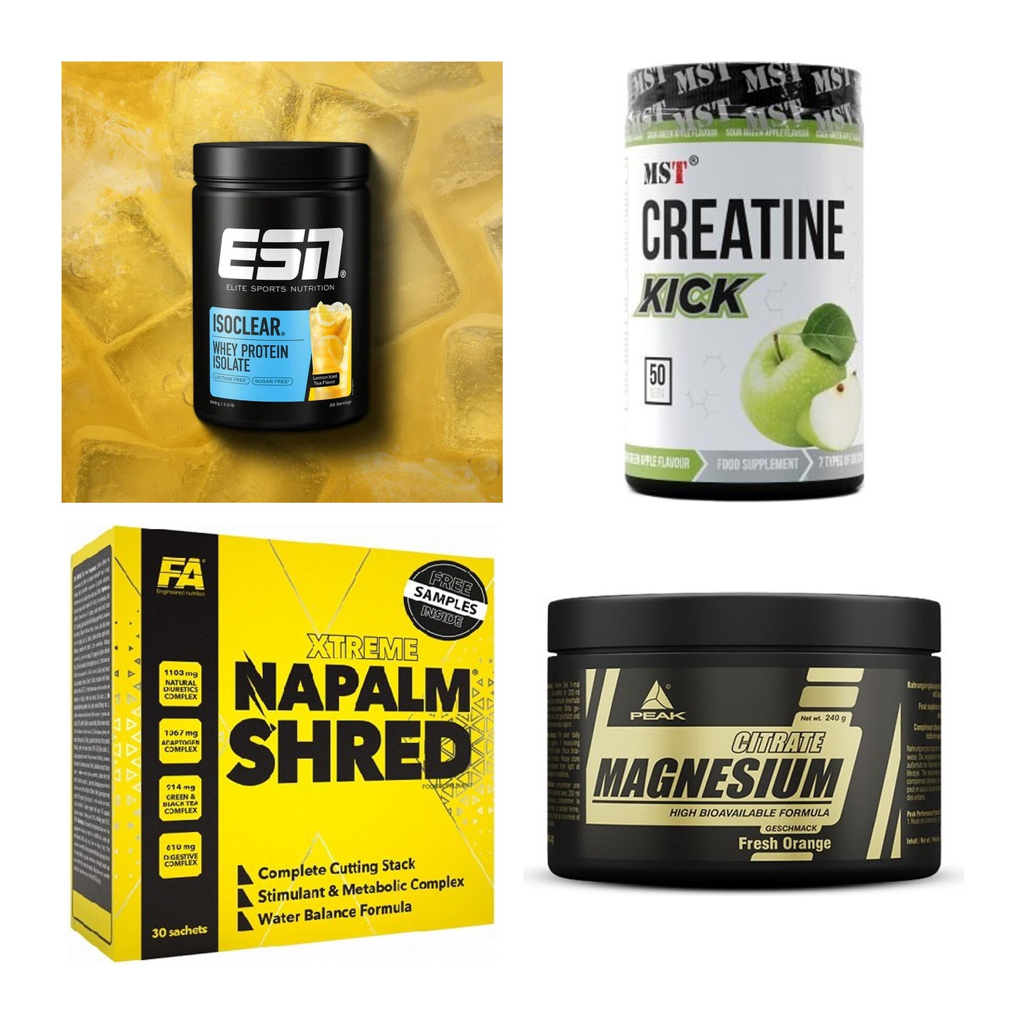 Wettkampfvorbereitung: ESN ISOCLEAR + MST Creatine + 2 weitere – alle enthaltenen Artikel