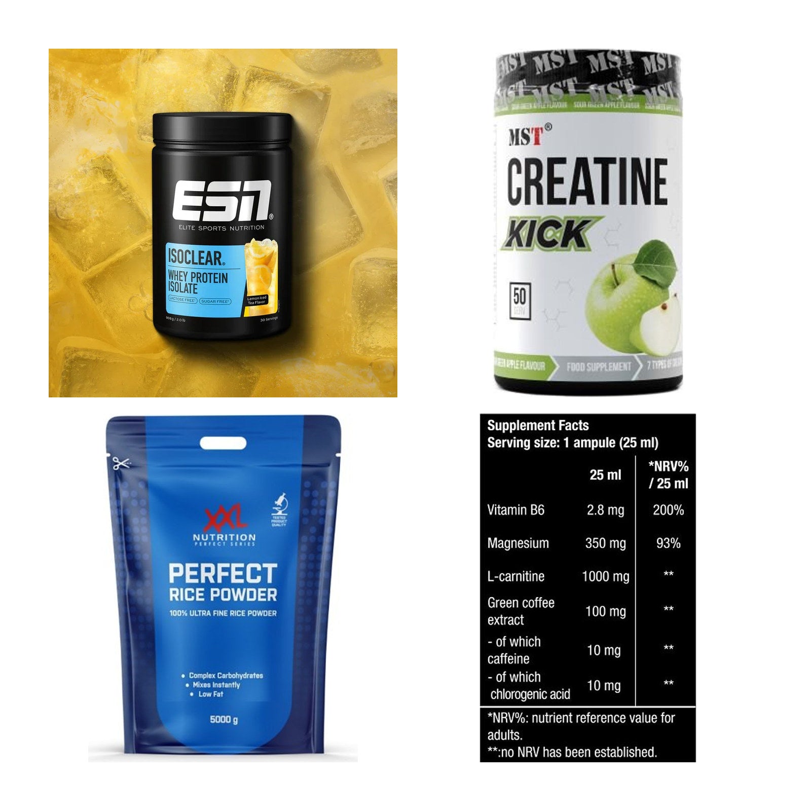 Wettkampfvorbereitung: ESN ISOCLEAR + MST Creatine + 2 weitere – alle enthaltenen Artikel