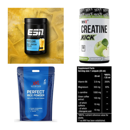Wettkampfvorbereitung: ESN ISOCLEAR + MST Creatine + 2 weitere – alle enthaltenen Artikel