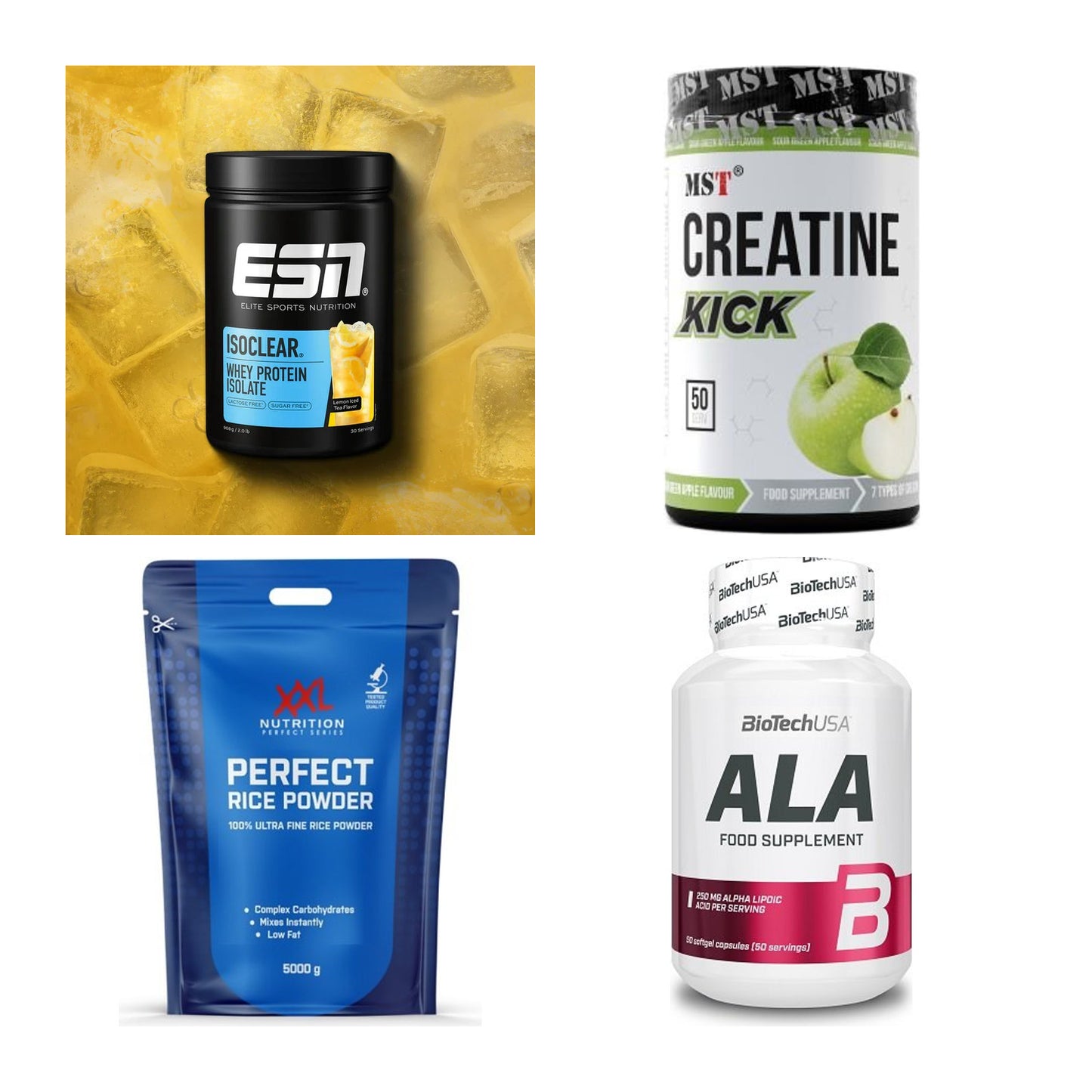 Wettkampfvorbereitung: ESN ISOCLEAR + MST Creatine + 2 weitere – alle enthaltenen Artikel