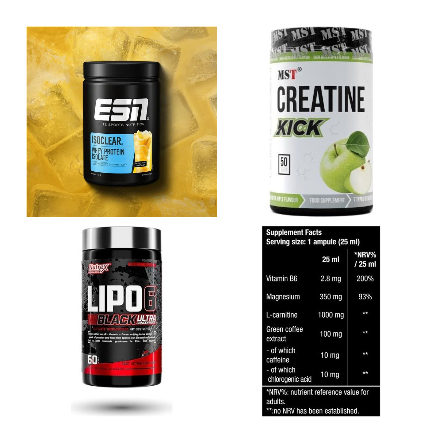 Wettkampfvorbereitung: ESN ISOCLEAR + MST Creatine + 2 weitere – alle enthaltenen Artikel