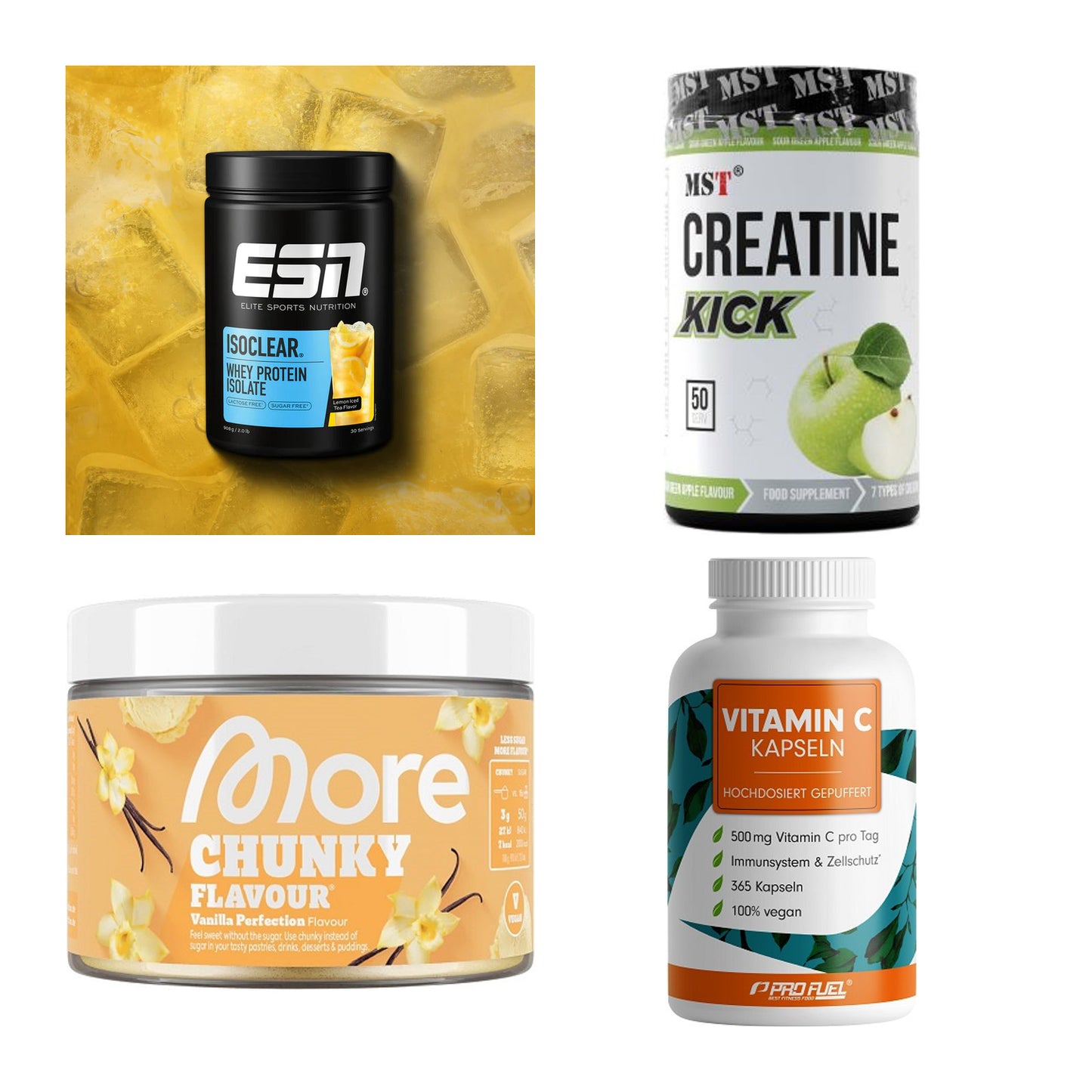 Wettkampfvorbereitung: ESN ISOCLEAR + MST Creatine + 2 weitere – alle enthaltenen Artikel
