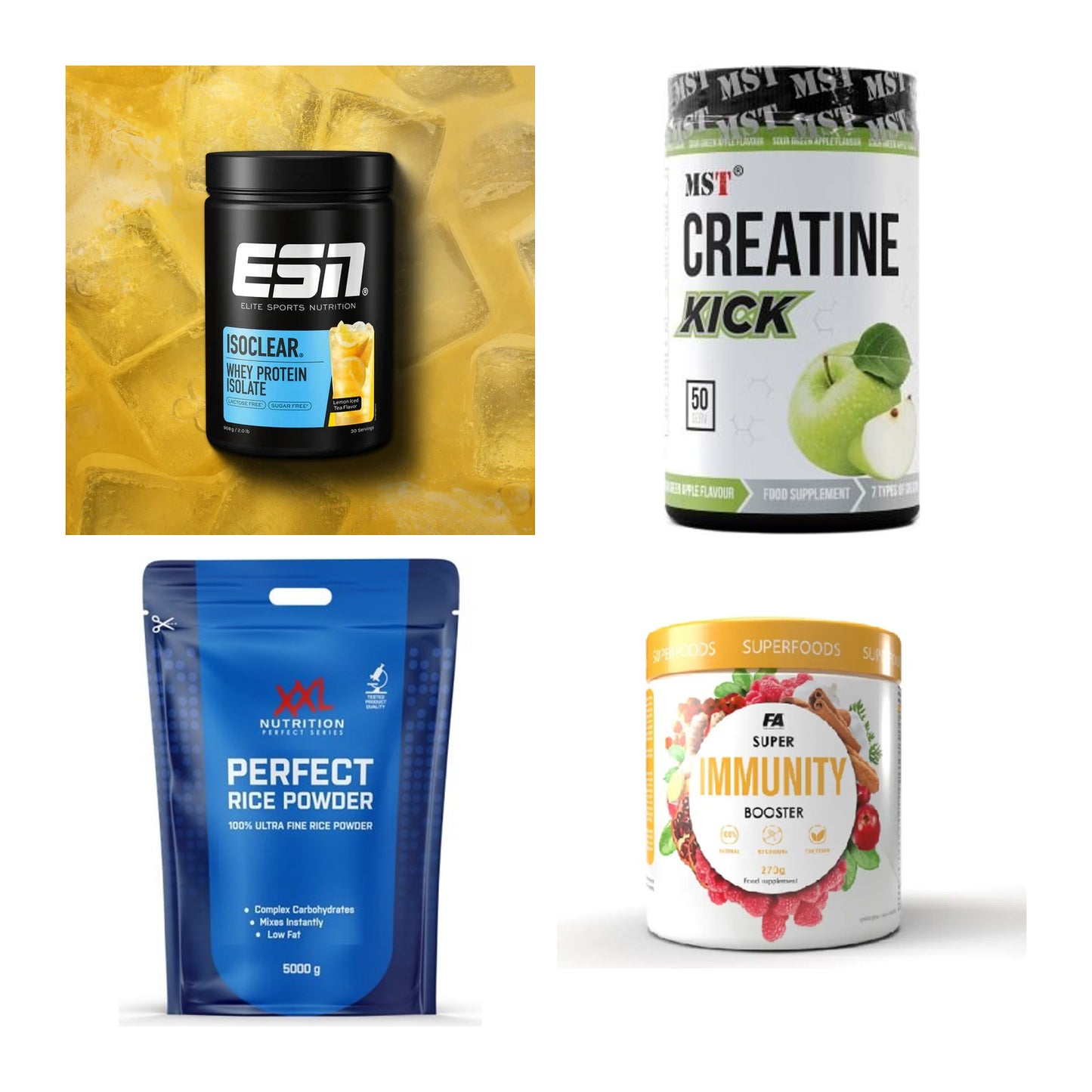 Wettkampfvorbereitung: ESN ISOCLEAR + MST Creatine + 2 weitere – alle enthaltenen Artikel