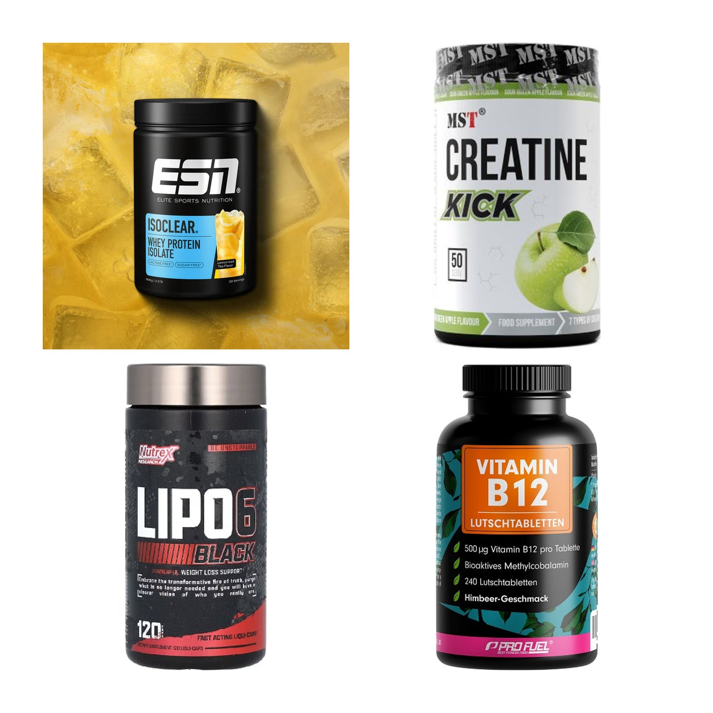 Wettkampfvorbereitung: ESN ISOCLEAR + MST Creatine + 2 weitere – alle enthaltenen Artikel