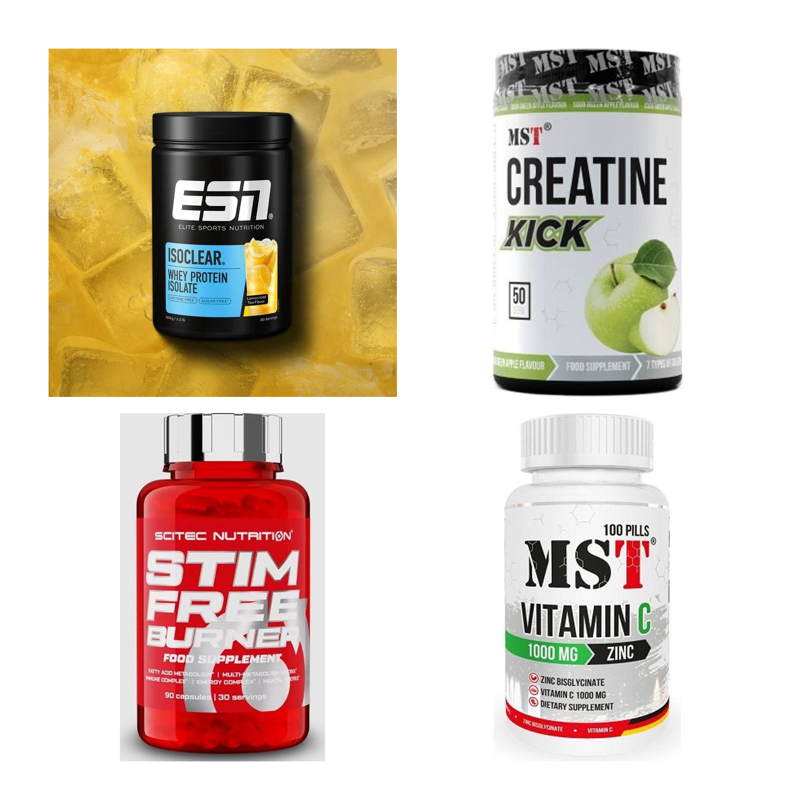 Wettkampfvorbereitung: ESN ISOCLEAR + MST Creatine + 2 weitere – alle enthaltenen Artikel