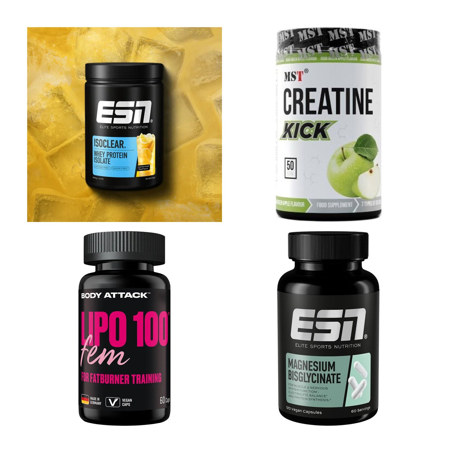 Wettkampfvorbereitung: ESN ISOCLEAR + MST Creatine + 2 weitere – alle enthaltenen Artikel