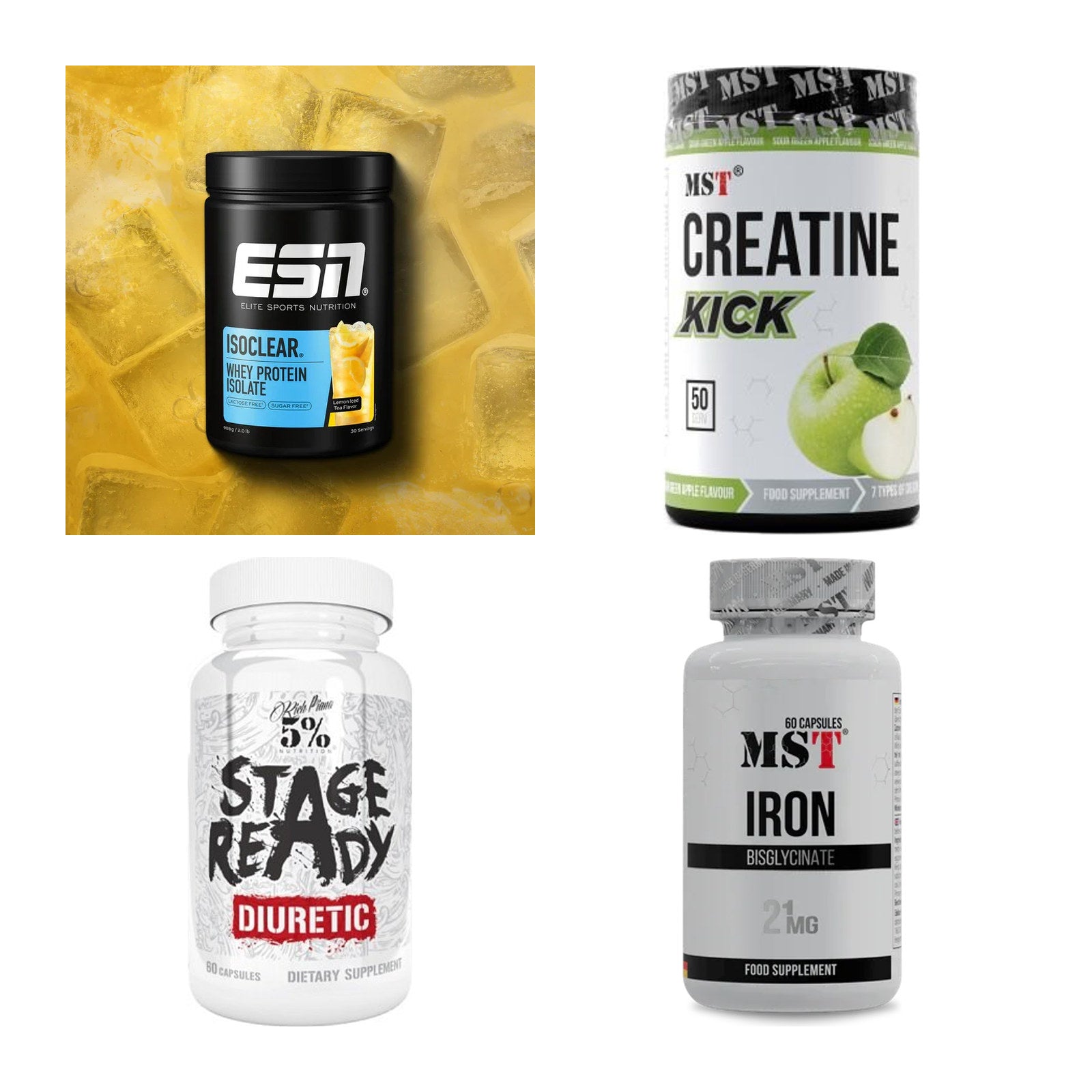 Wettkampfvorbereitung: ESN ISOCLEAR + MST Creatine + 2 weitere – alle enthaltenen Artikel