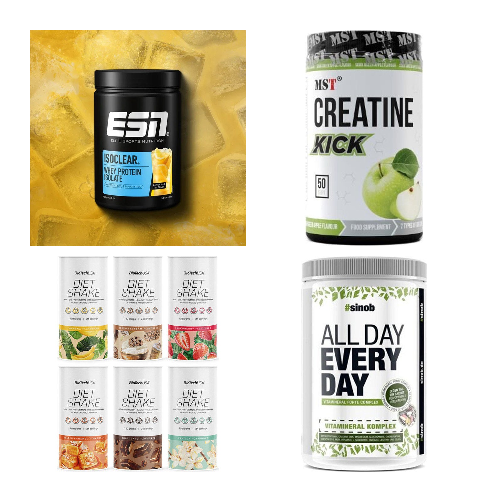 Wettkampfvorbereitung: ESN ISOCLEAR + MST Creatine + 2 weitere – alle enthaltenen Artikel
