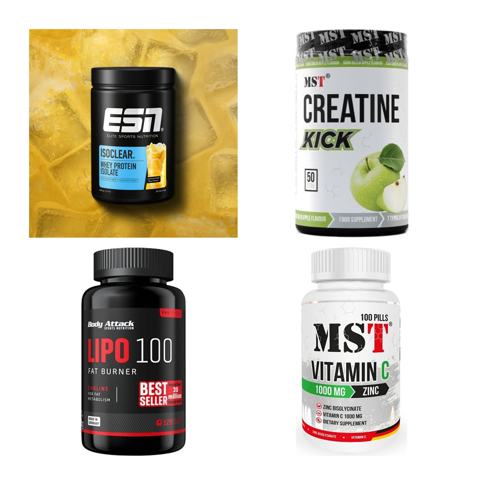 Wettkampfvorbereitung: ESN ISOCLEAR + MST Creatine + 2 weitere – alle enthaltenen Artikel