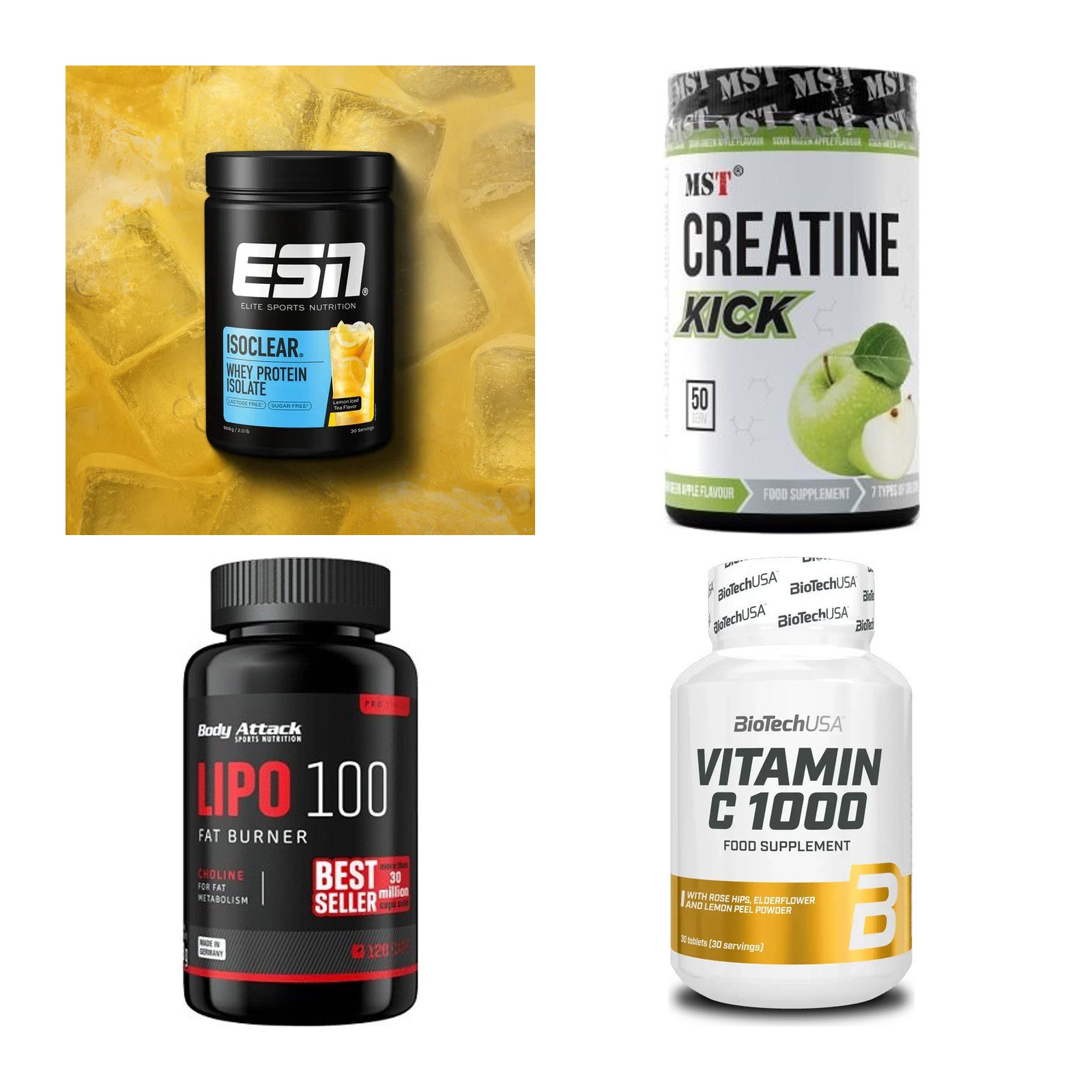 Wettkampfvorbereitung: ESN ISOCLEAR + MST Creatine + 2 weitere – alle enthaltenen Artikel