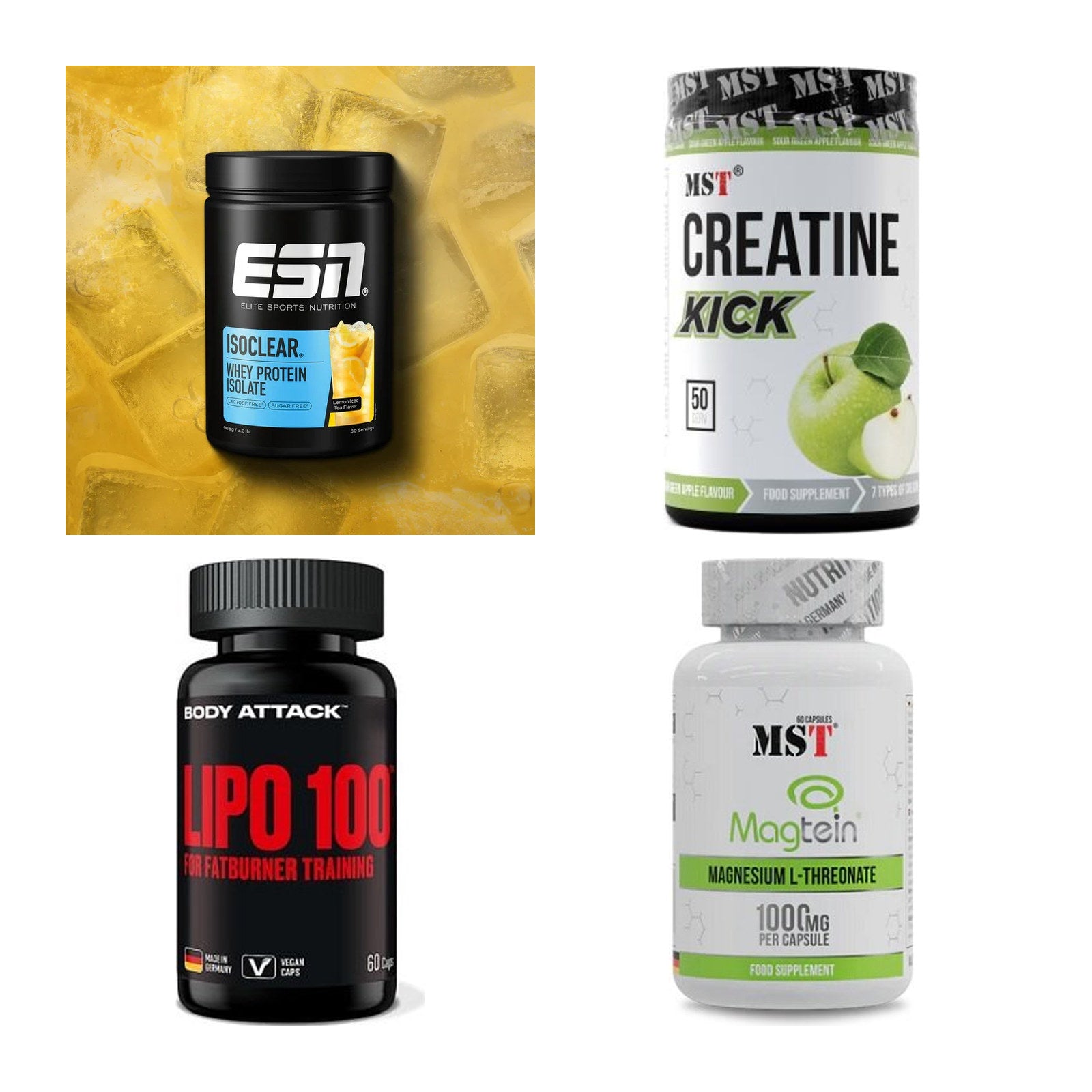 Wettkampfvorbereitung: ESN ISOCLEAR + MST Creatine + 2 weitere – alle enthaltenen Artikel