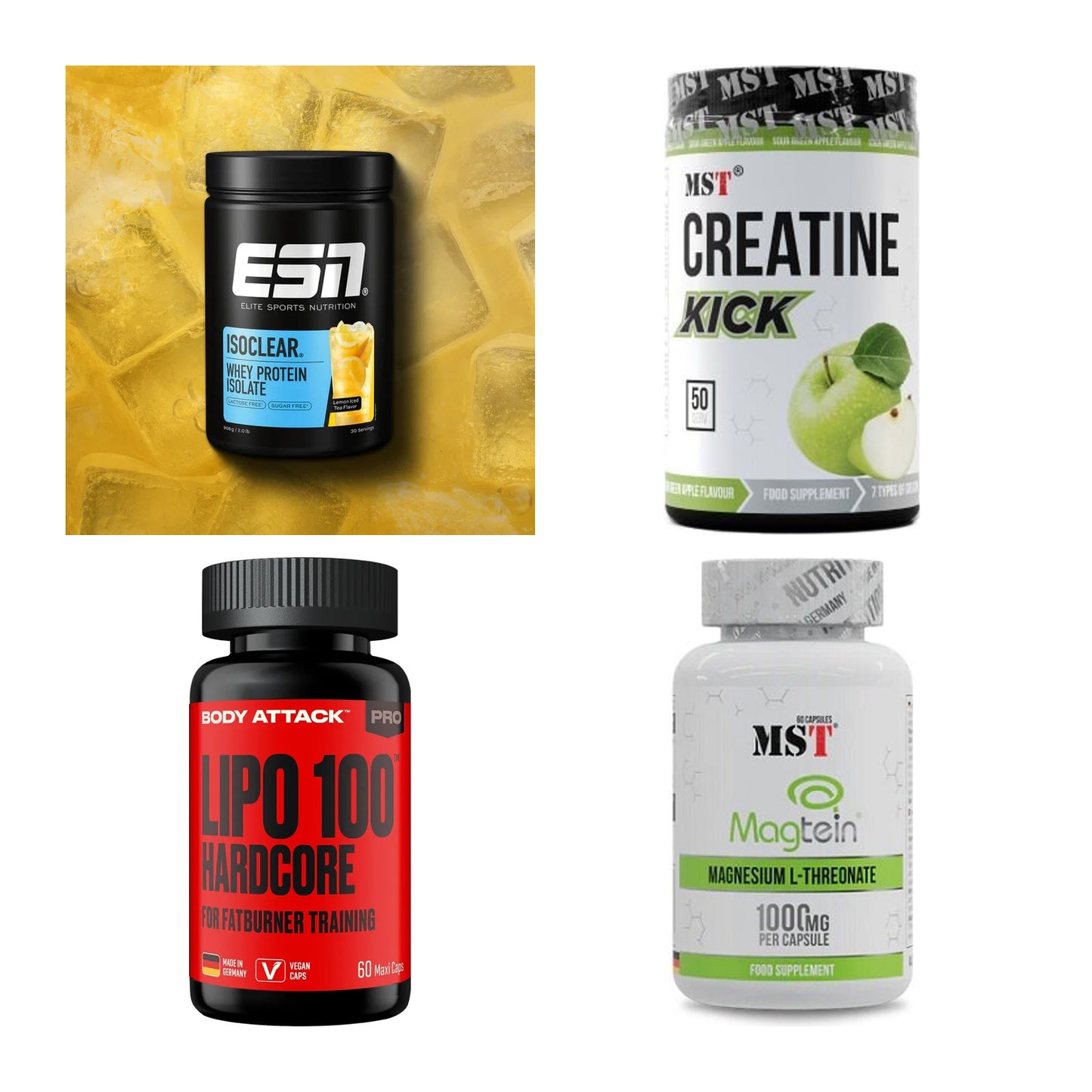 Wettkampfvorbereitung: ESN ISOCLEAR + MST Creatine + 2 weitere – alle enthaltenen Artikel