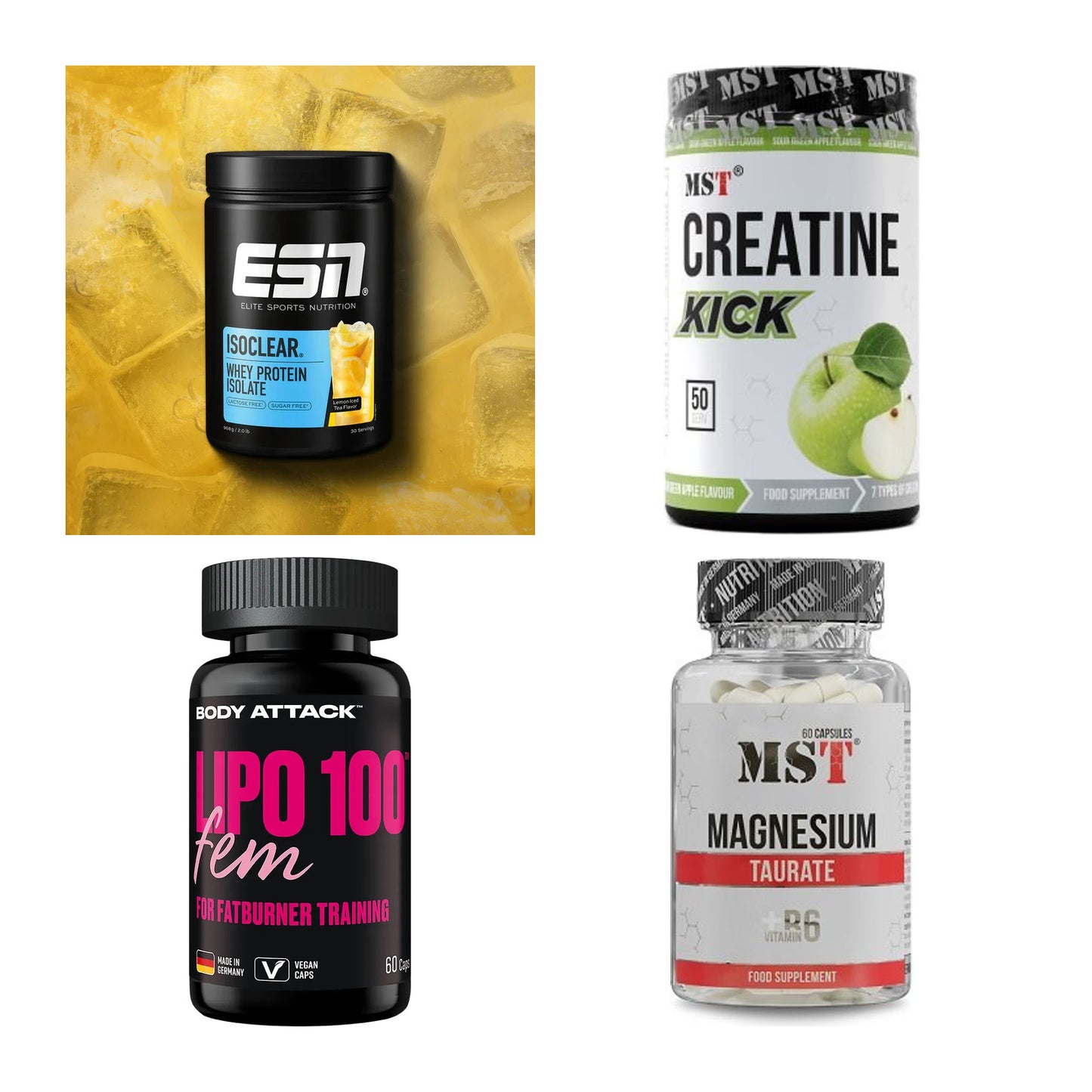Wettkampfvorbereitung: ESN ISOCLEAR + MST Creatine + 2 weitere – alle enthaltenen Artikel