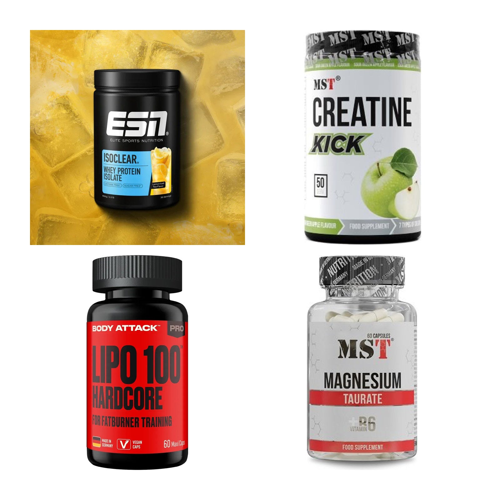 Wettkampfvorbereitung: ESN ISOCLEAR + MST Creatine + 2 weitere – alle enthaltenen Artikel
