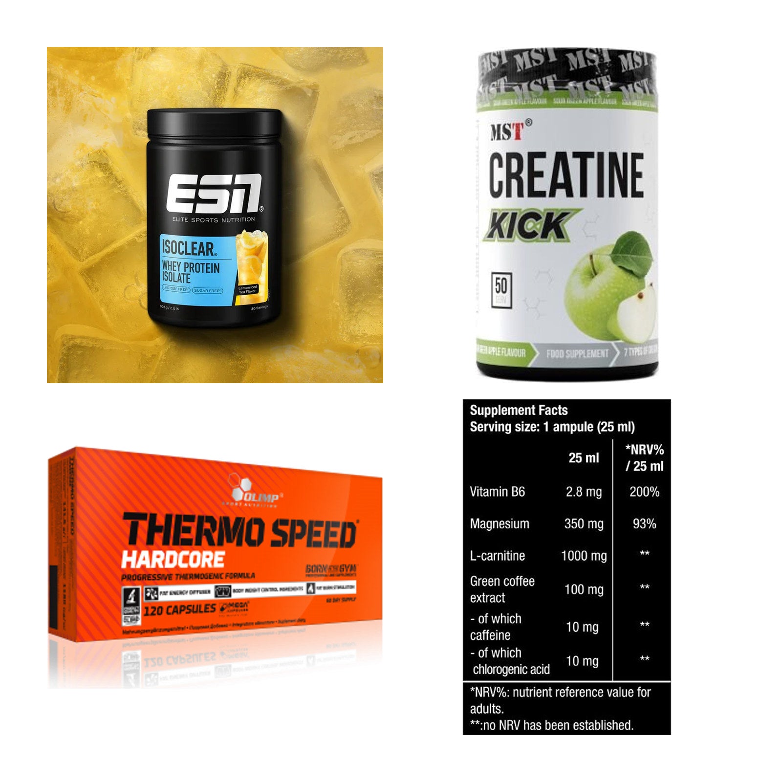Wettkampfvorbereitung: ESN ISOCLEAR + MST Creatine + 2 weitere – alle enthaltenen Artikel