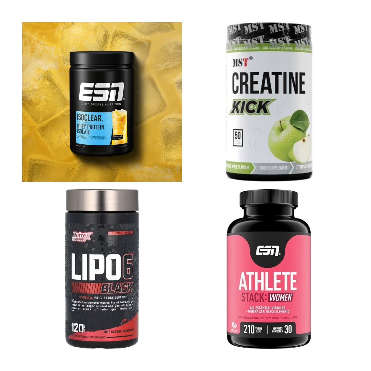 Wettkampfvorbereitung: ESN ISOCLEAR + MST Creatine + 2 weitere – alle enthaltenen Artikel