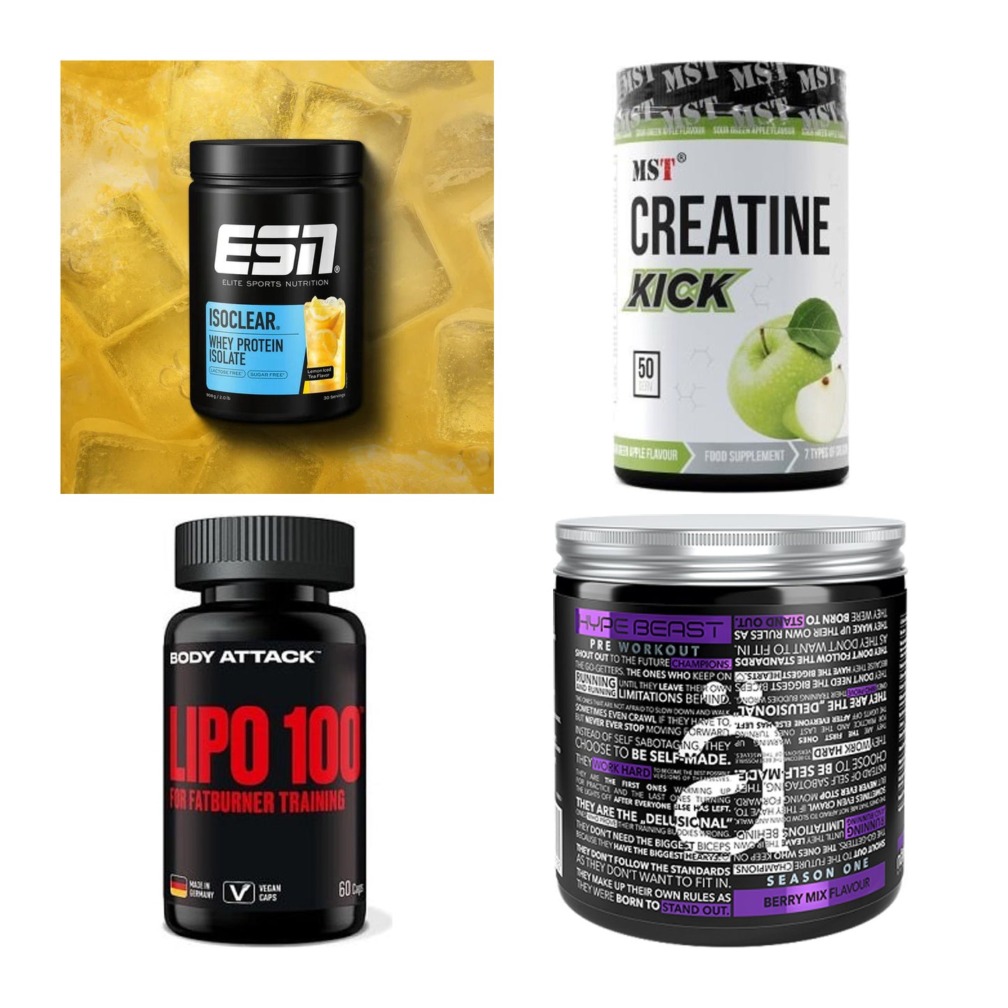 Wettkampfvorbereitung: ESN ISOCLEAR + MST Creatine + 2 weitere – alle enthaltenen Artikel
