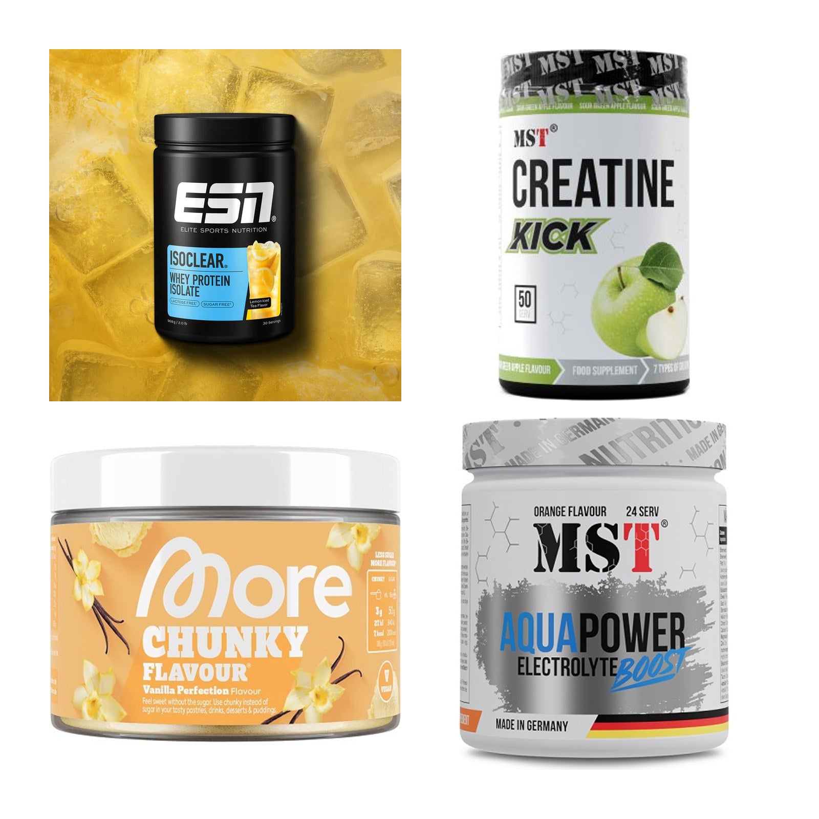 Wettkampfvorbereitung: ESN ISOCLEAR + MST Creatine + 2 weitere – alle enthaltenen Artikel