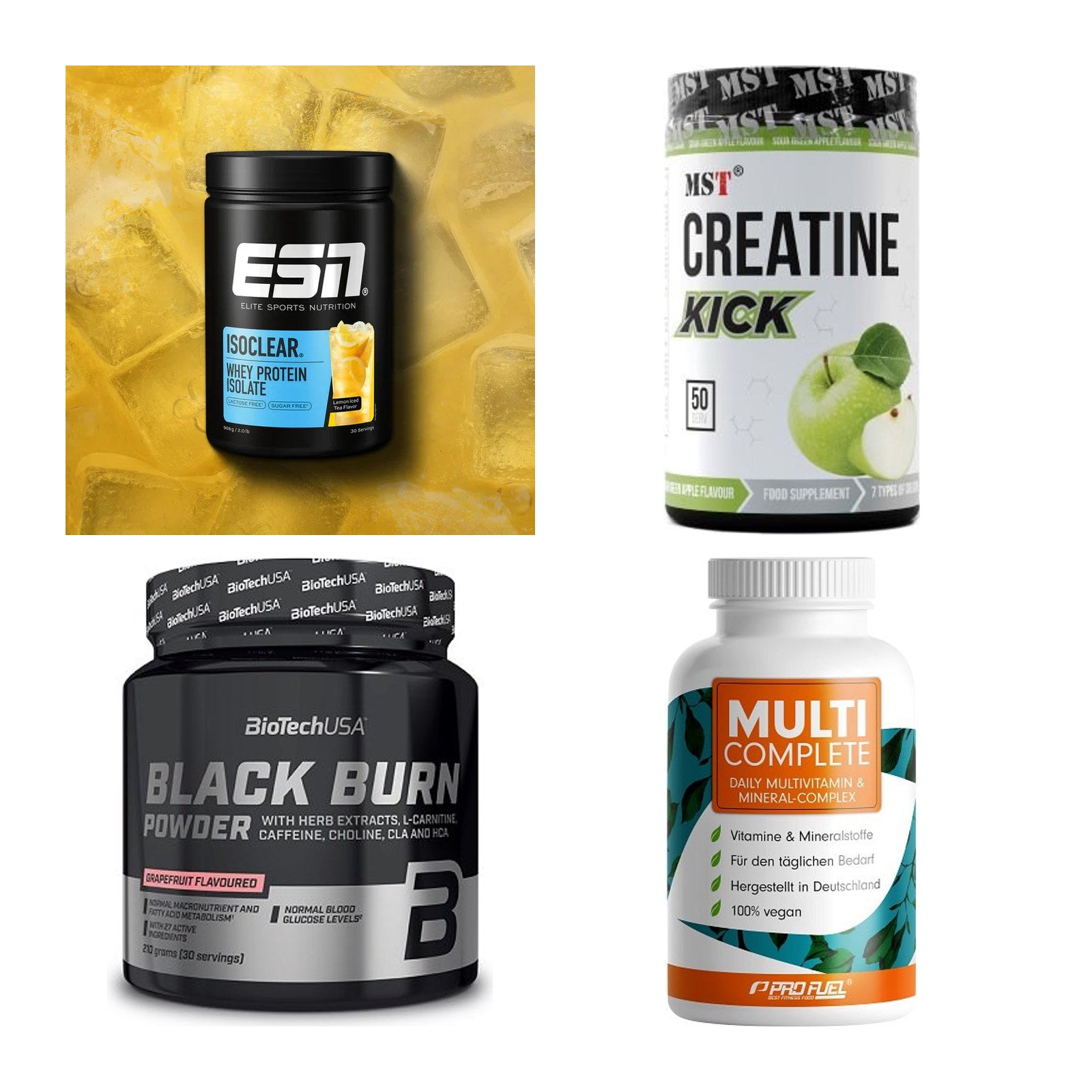 Wettkampfvorbereitung: ESN ISOCLEAR + MST Creatine + 2 weitere – alle enthaltenen Artikel