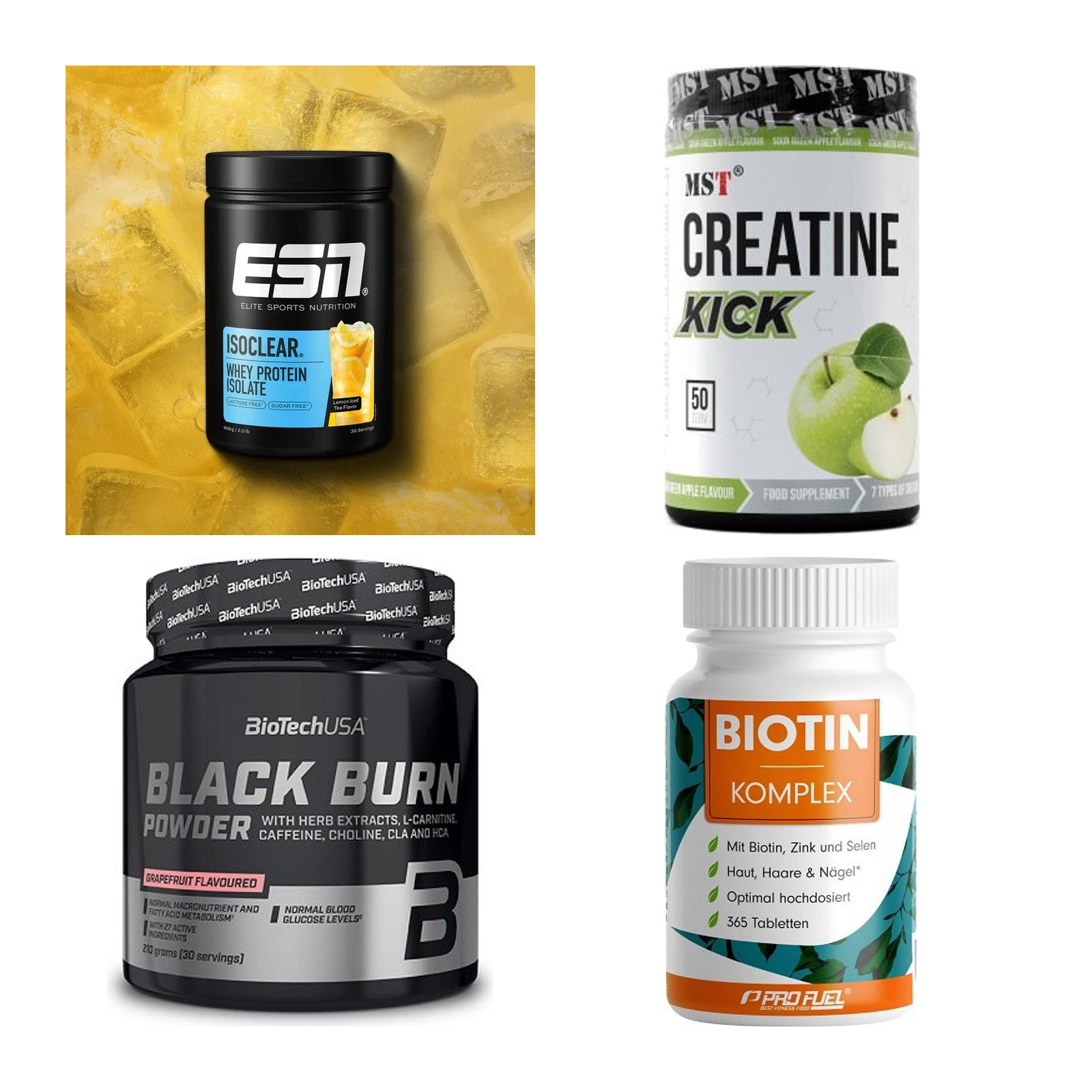 Wettkampfvorbereitung: ESN ISOCLEAR + MST Creatine + 2 weitere – alle enthaltenen Artikel