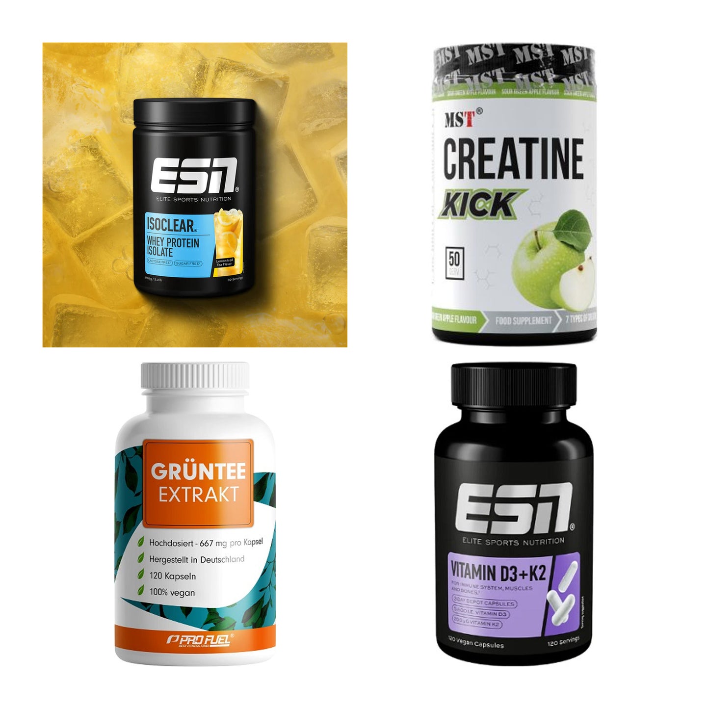 Wettkampfvorbereitung: ESN ISOCLEAR + MST Creatine + 2 weitere – alle enthaltenen Artikel
